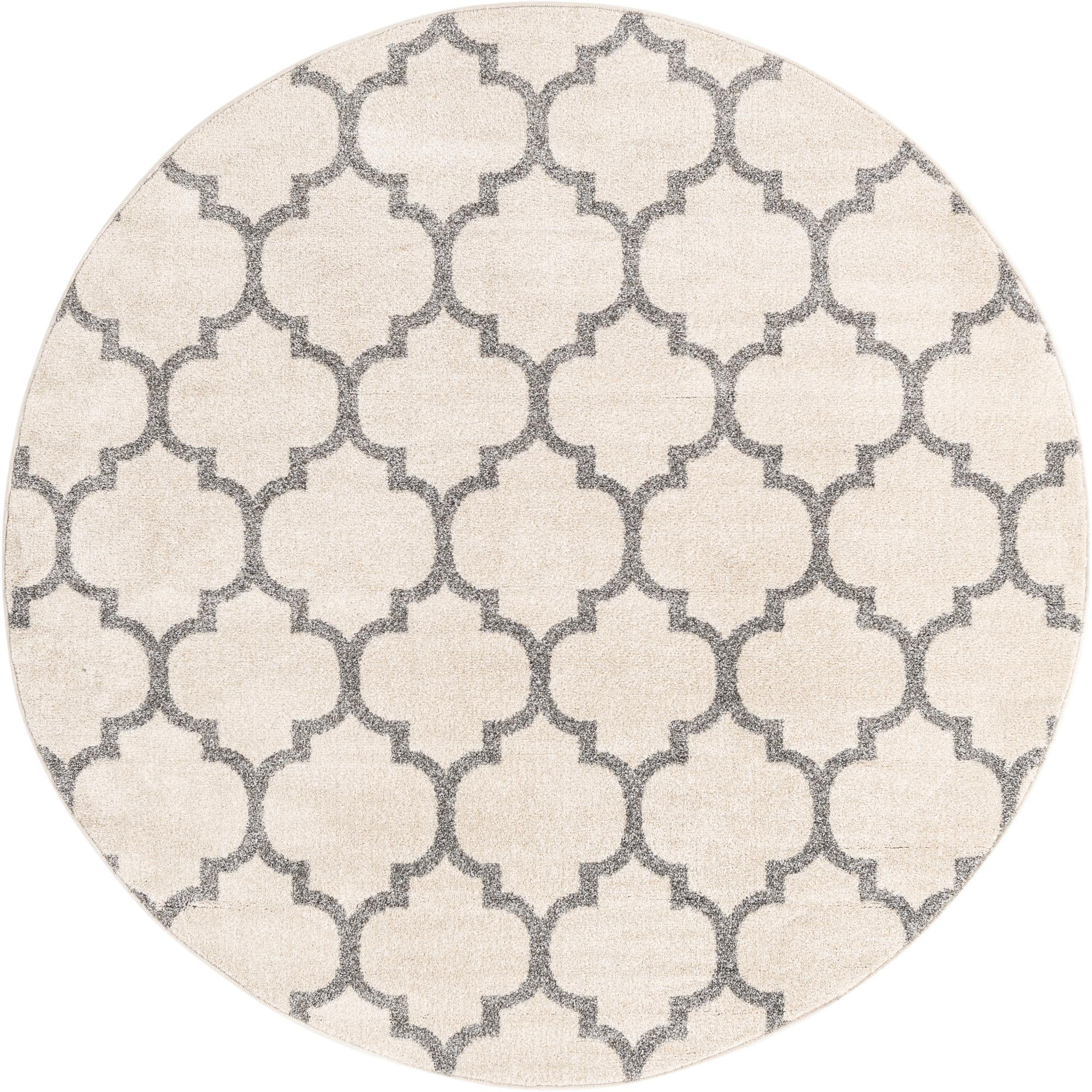 A round 6' 0 x 6' 0 Rugs.com Lattice rug in cream with a gray modern trellis pattern, suitable for indoor spaces.