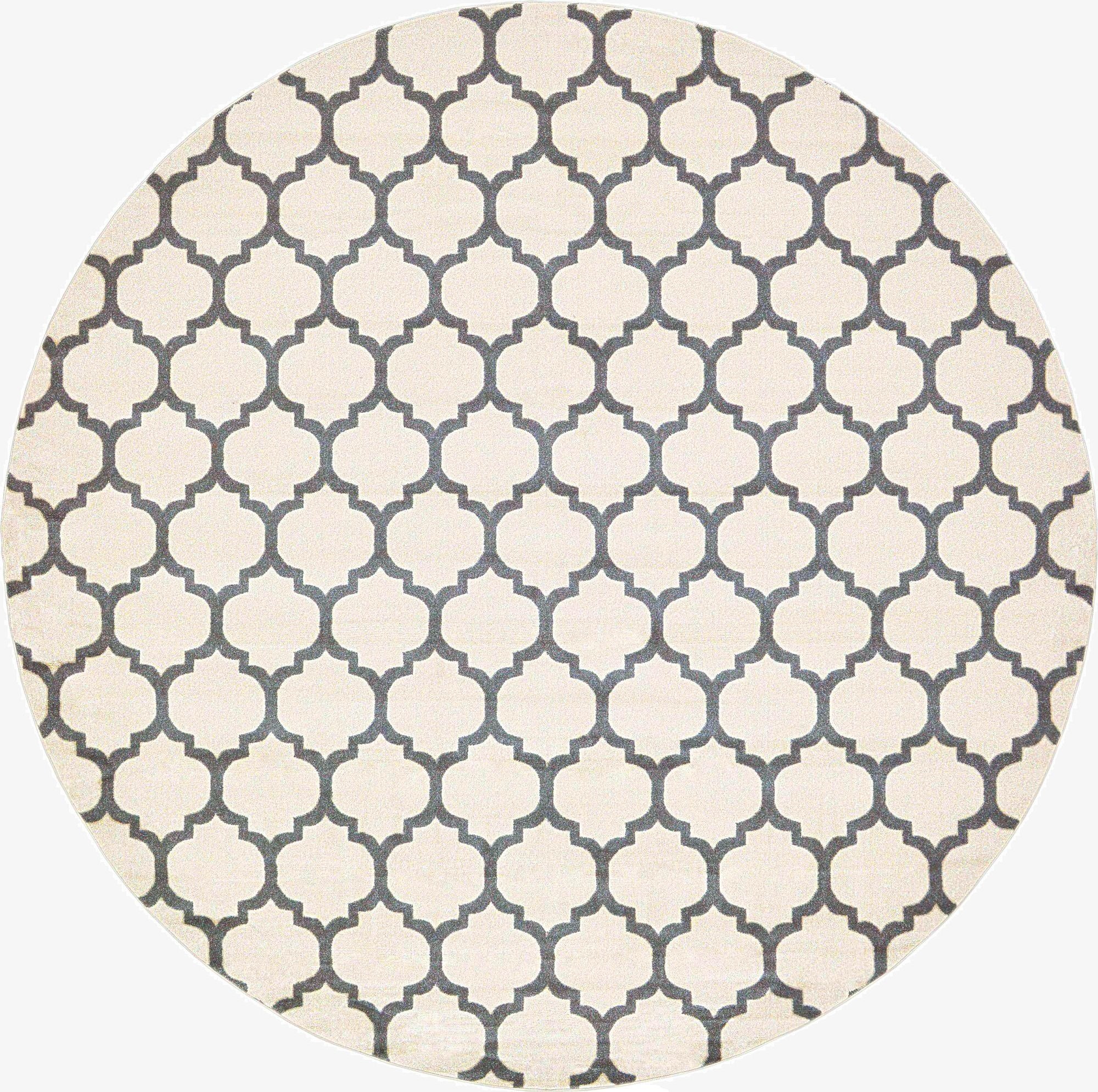 A 12' 2 x 12' 2 round Rugs.com Lattice rug featuring a modern gray trellis pattern on a tan background.