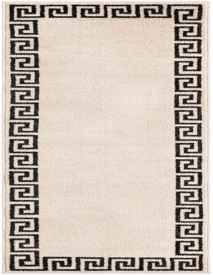 A 6 ft runner rug with a light brown field and a bold black Greek key border pattern, perfect for a hallway.