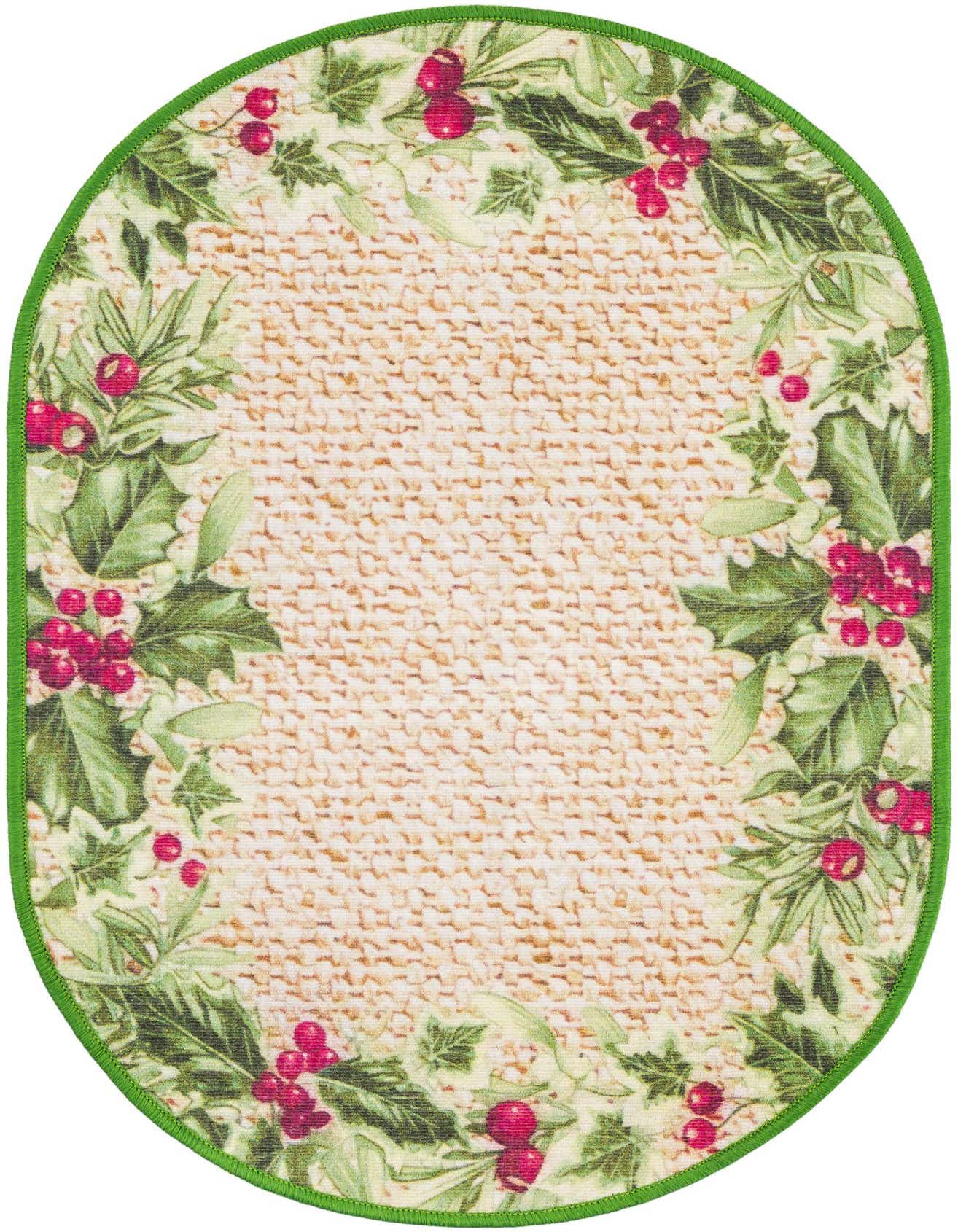 An oval beige rug with a festive green holly and red berry border, perfect for holiday decor.