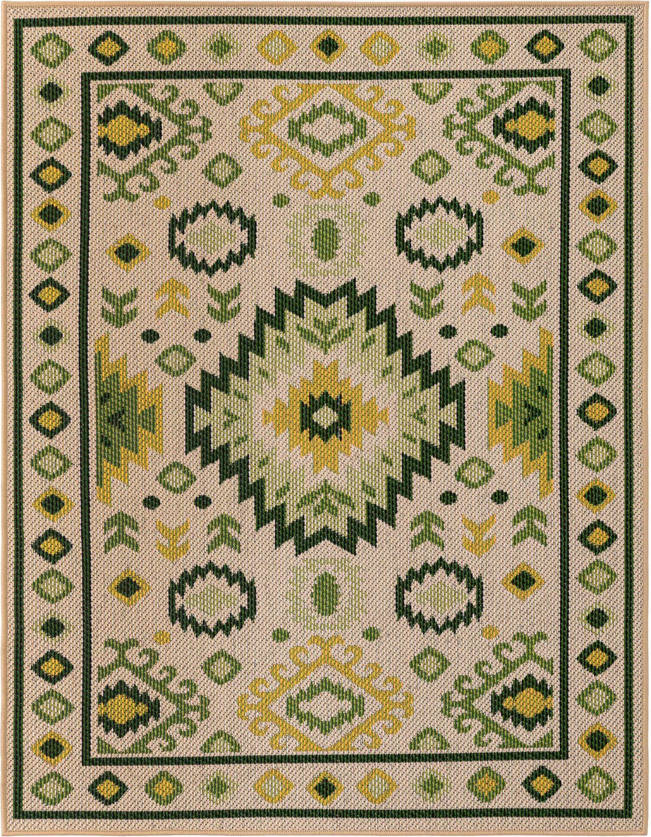 A 4x6 rectangular Baja Outdoor rug featuring a traditional geometric pattern in shades of beige, green, and yellow.