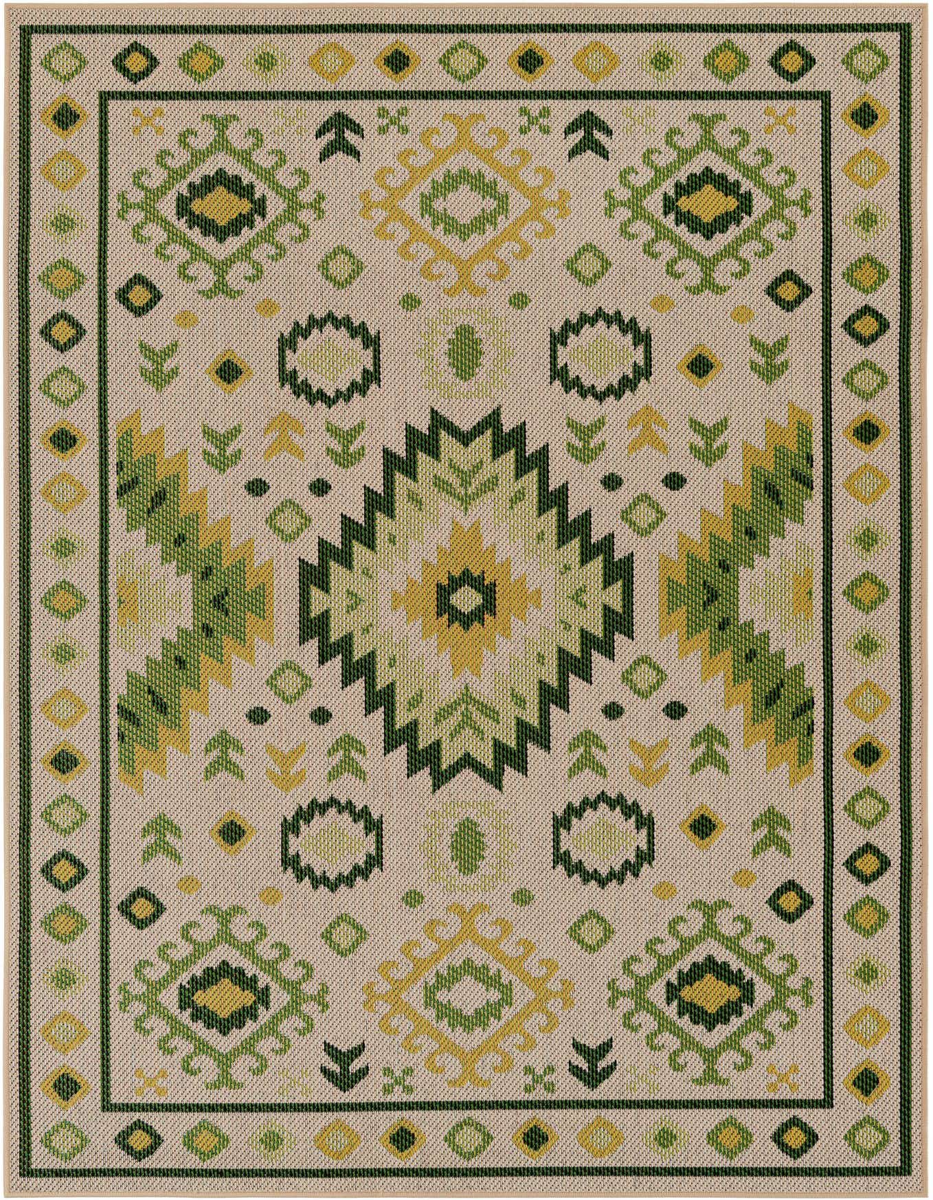 A 5x8 rectangular beige and green modern flatweave rug with a geometric pattern, suitable for indoor or outdoor use.
