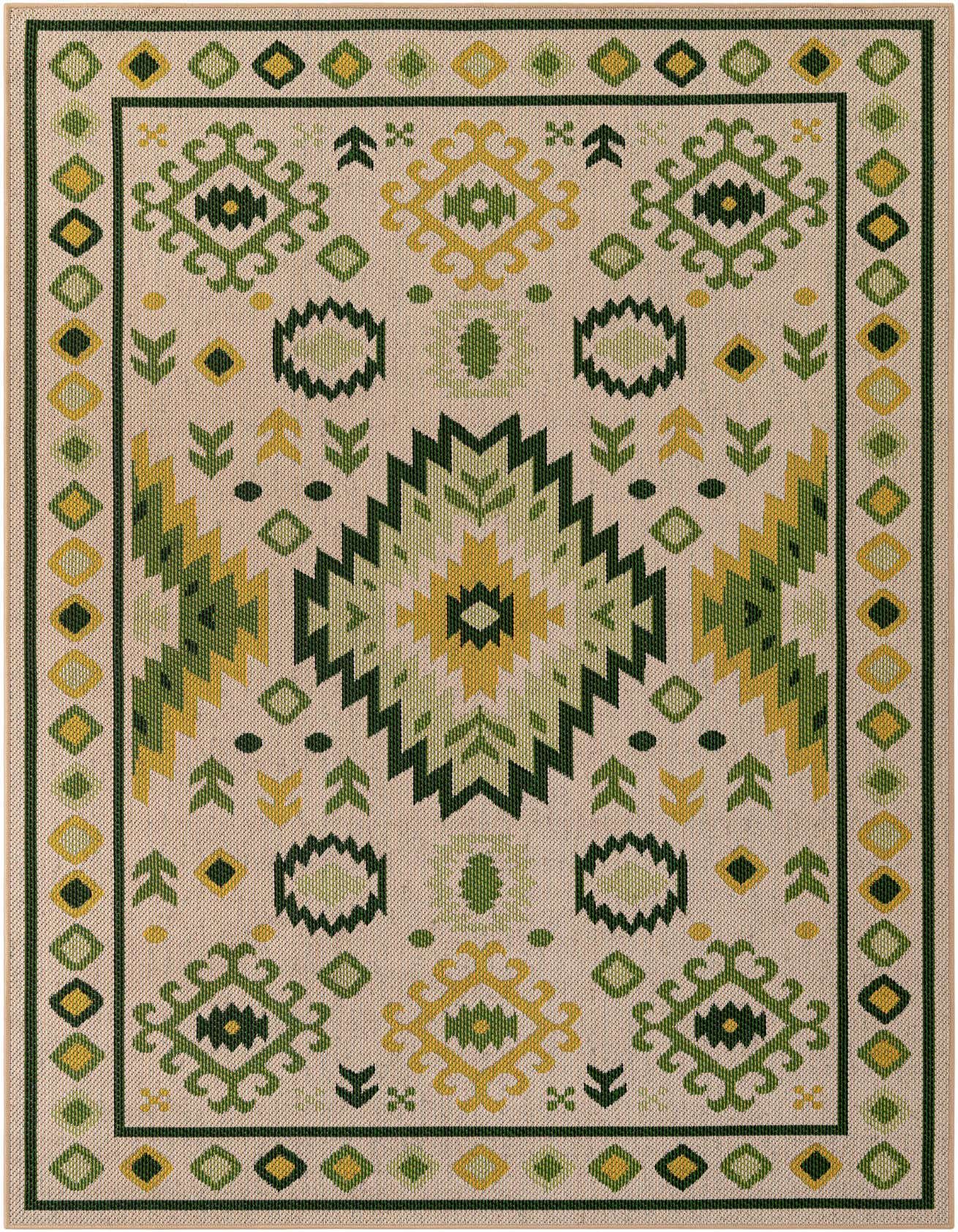 A 6x9 rectangular Baja Outdoor rug in beige and green, featuring a traditional medallion pattern, suitable for indoor or outdoor use.