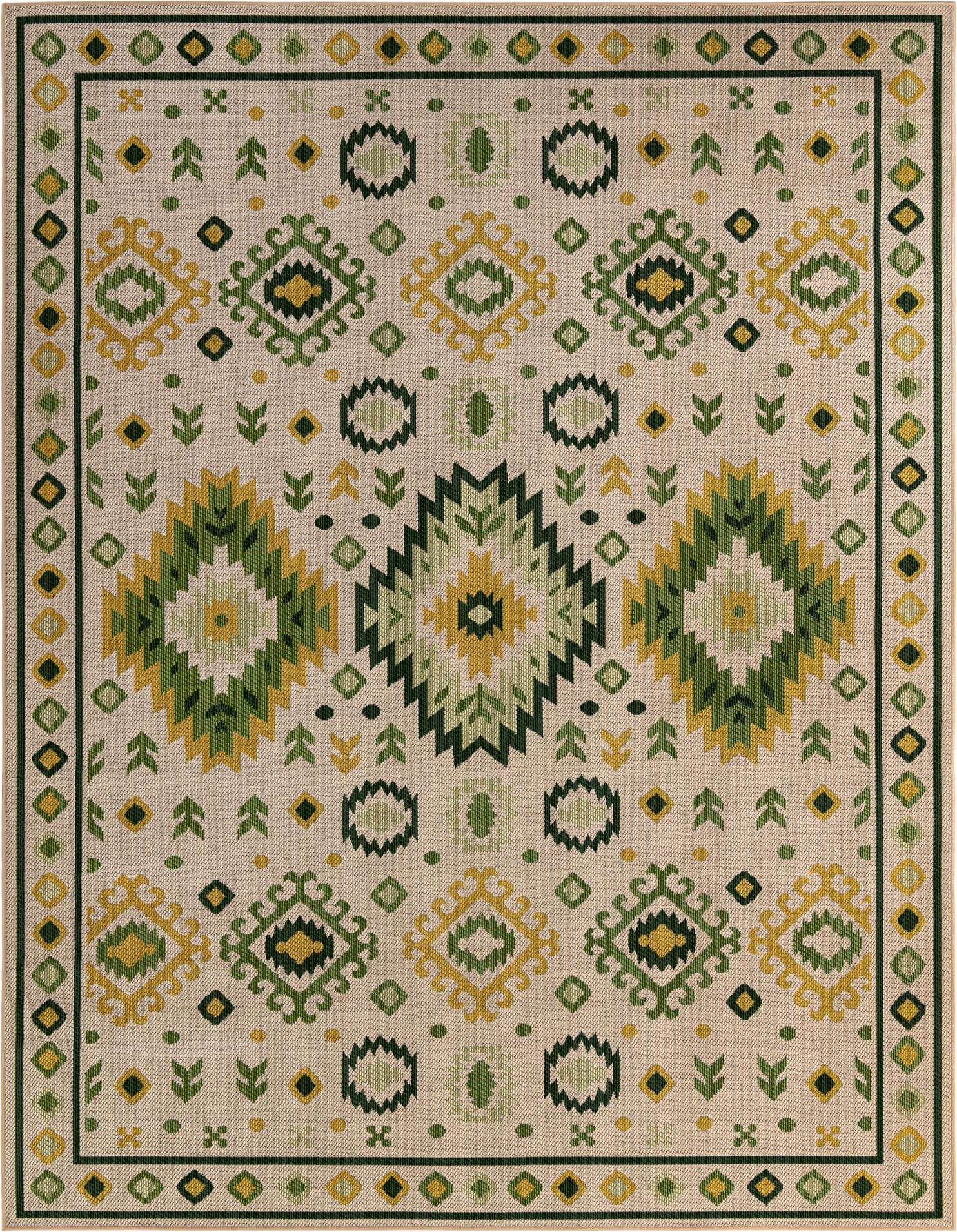 A 9x12 rectangular Baja Outdoor rug in beige with a traditional geometric pattern in shades of green and yellow, suitable for indoor or outdoor use.