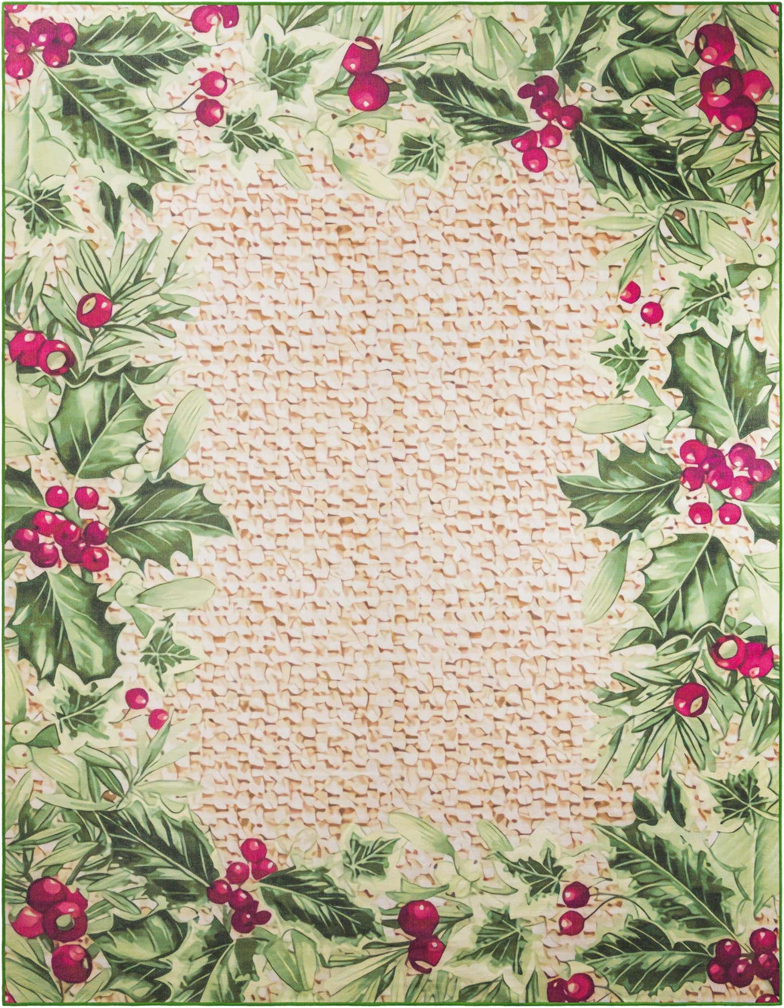 A 10x13 rectangular beige rug with a green border and festive holly and berry pattern, suitable for indoor or outdoor use.