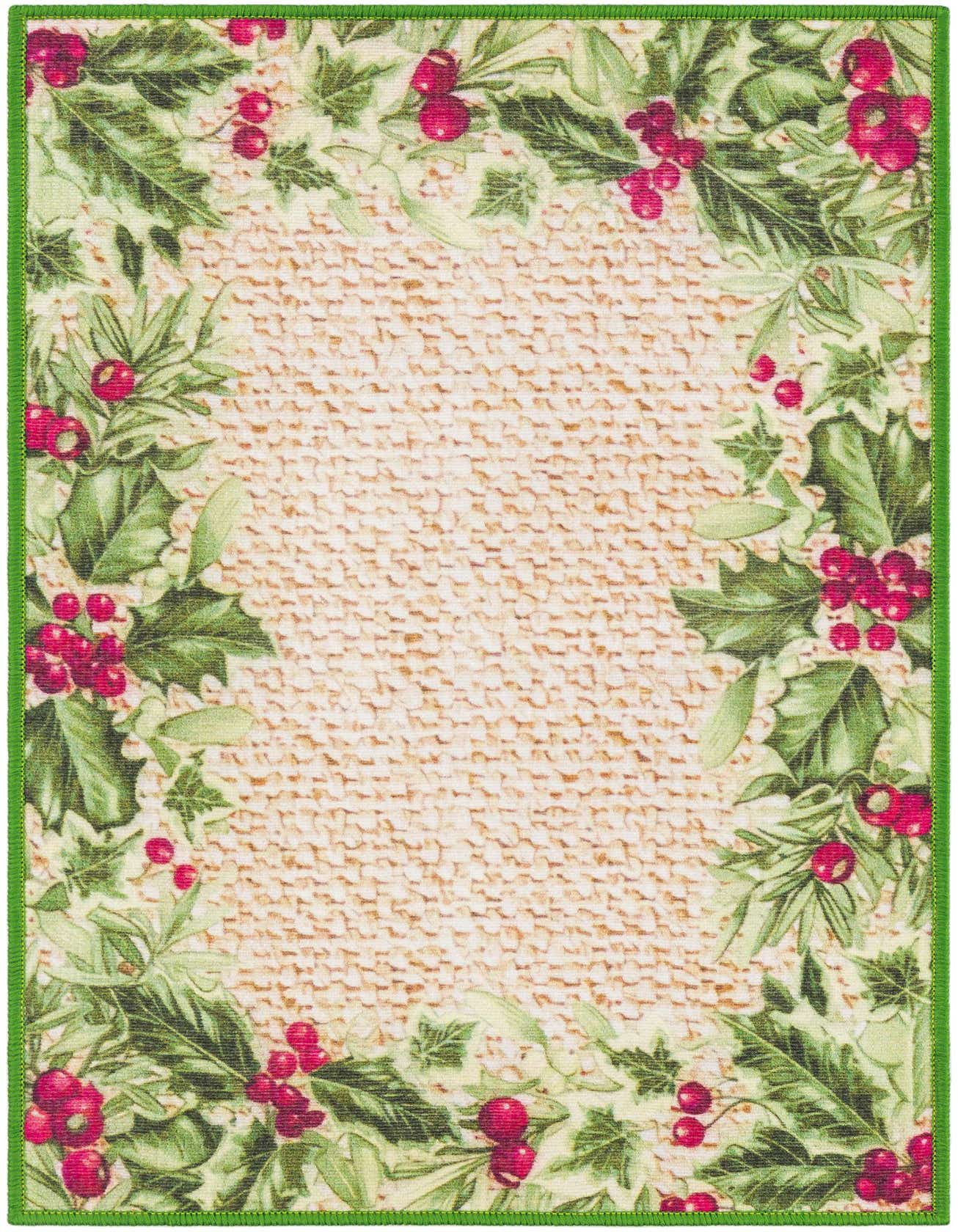 A 2x3 rectangular Jill Zarin Caribbean Outdoor rug with a beige textured center and a border of green holly leaves and red berries.