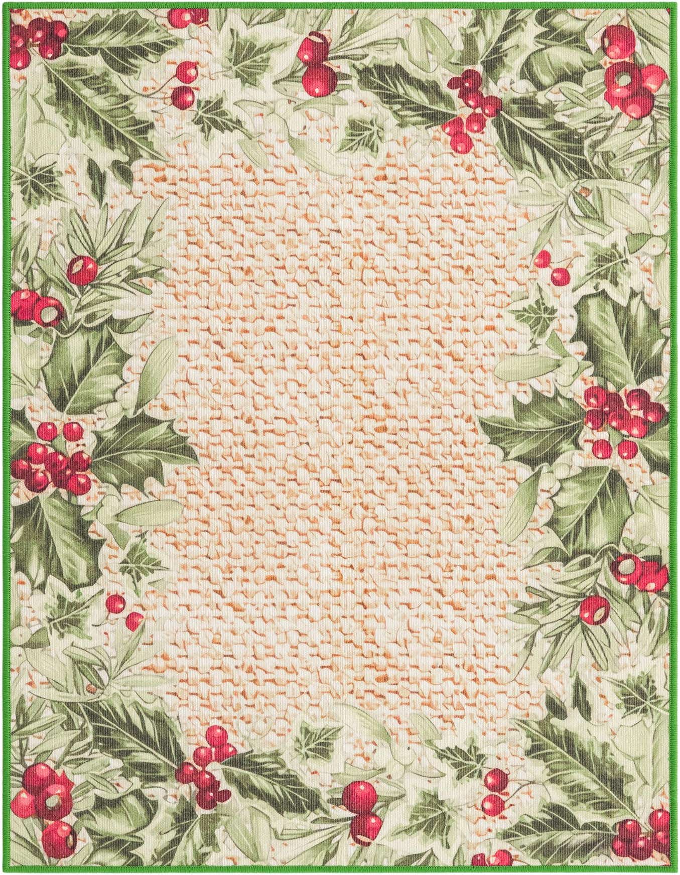 A 4x6 rectangular indoor/outdoor rug with a festive holly and berry border in green and red on a beige textured background, perfect for holiday decor.