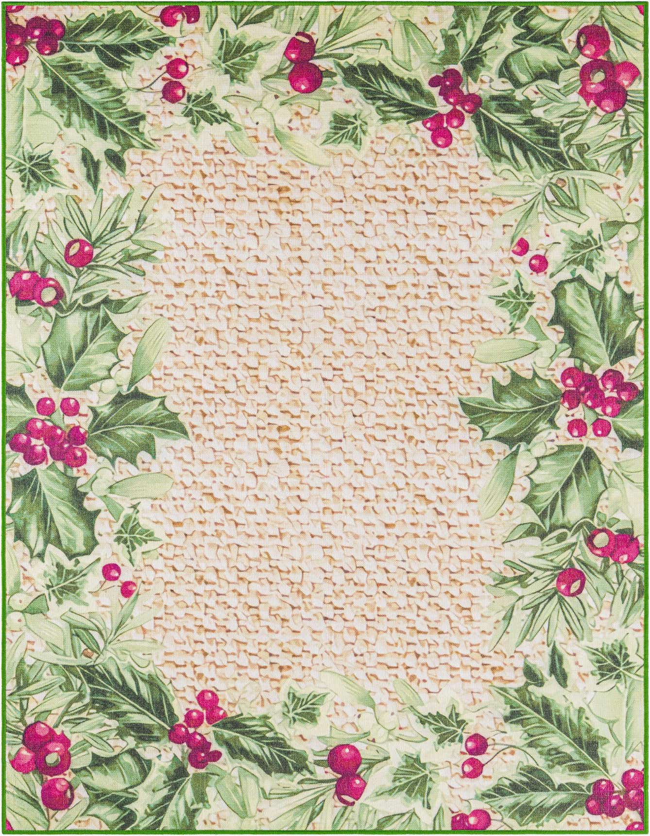 A 5x8 rectangular rug with a beige textured center framed by a border of green holly leaves and bright red berries.