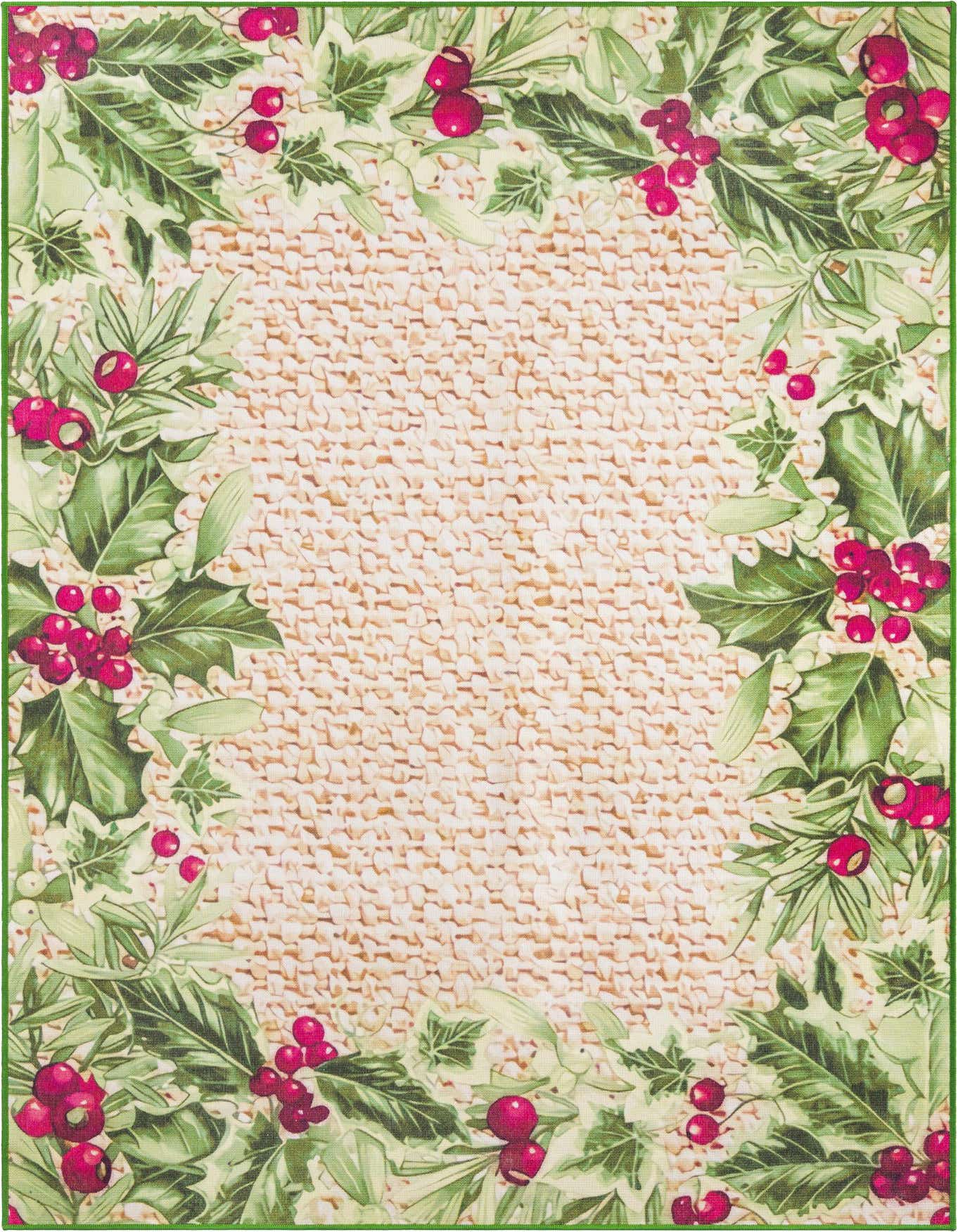 A 6x9 rectangular beige and green rug with a modern holly and berry border pattern, suitable for indoor or outdoor use.