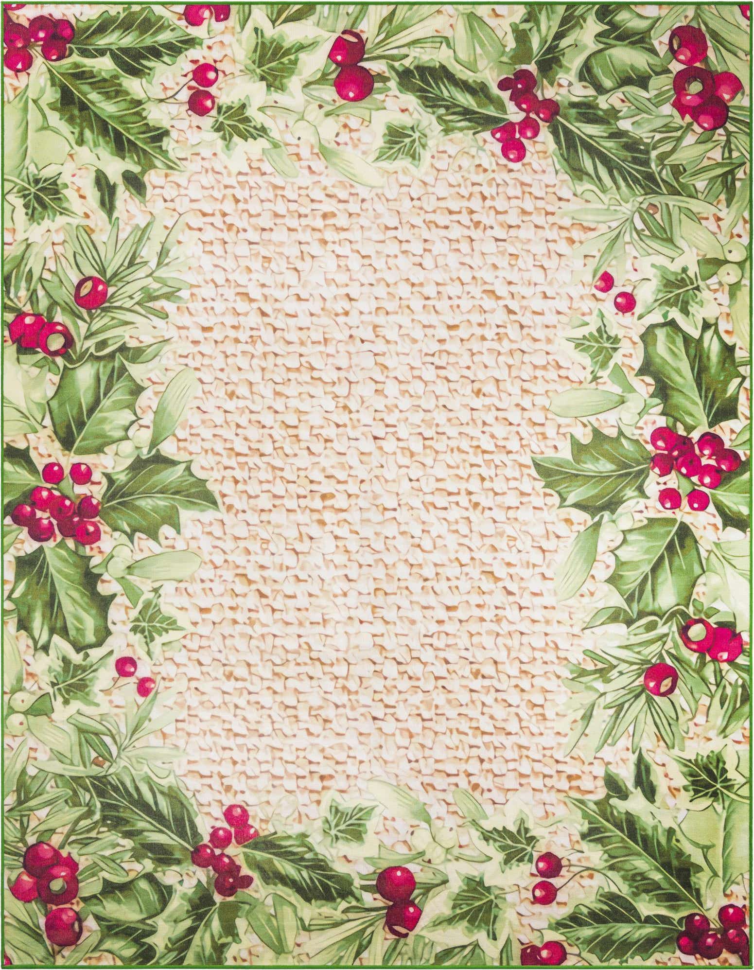 A 9x12 rectangular rug with a beige textured center and a border of green holly leaves and red berries.