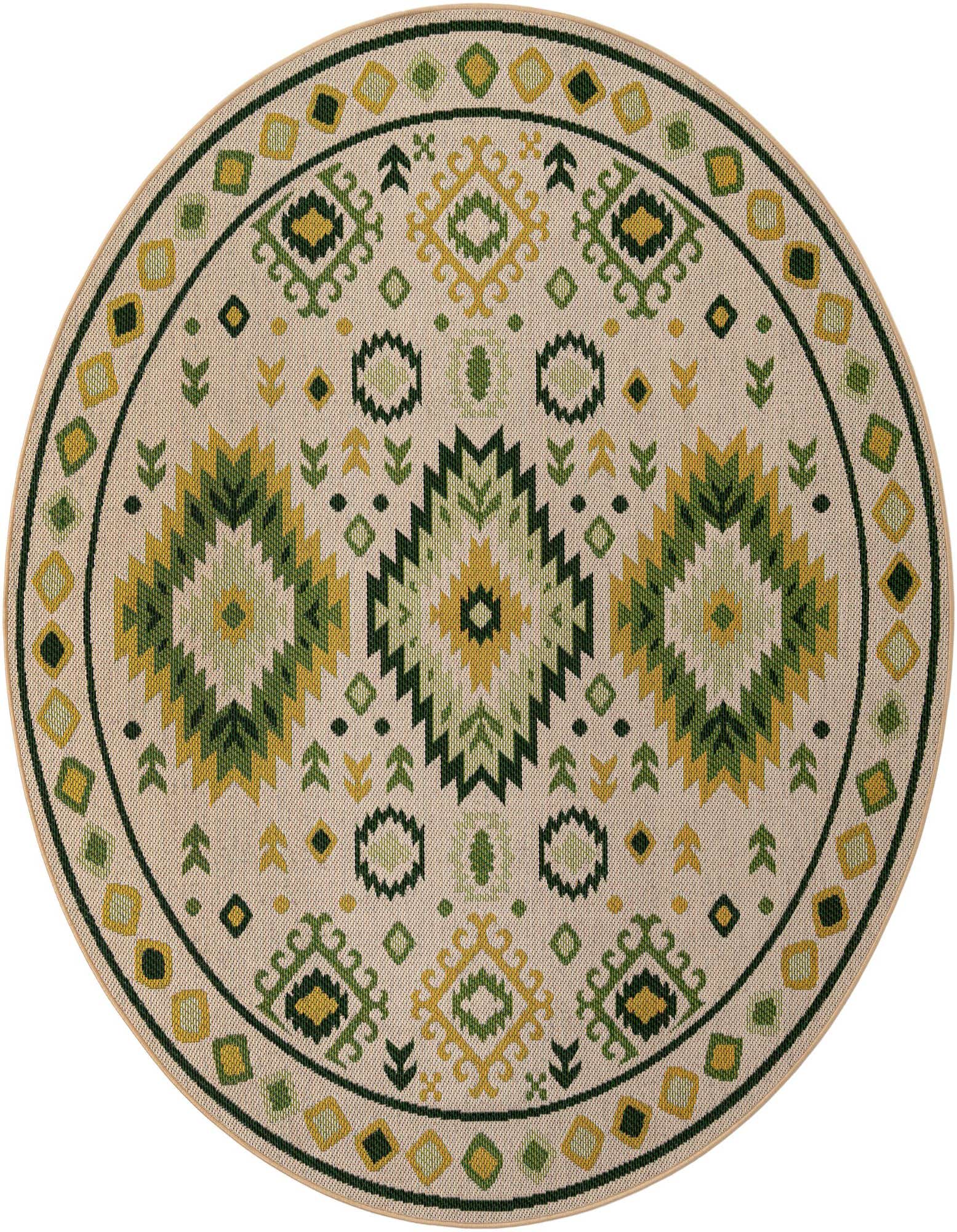 A round beige and green modern flatweave rug with a geometric pattern, suitable for indoor or outdoor use.