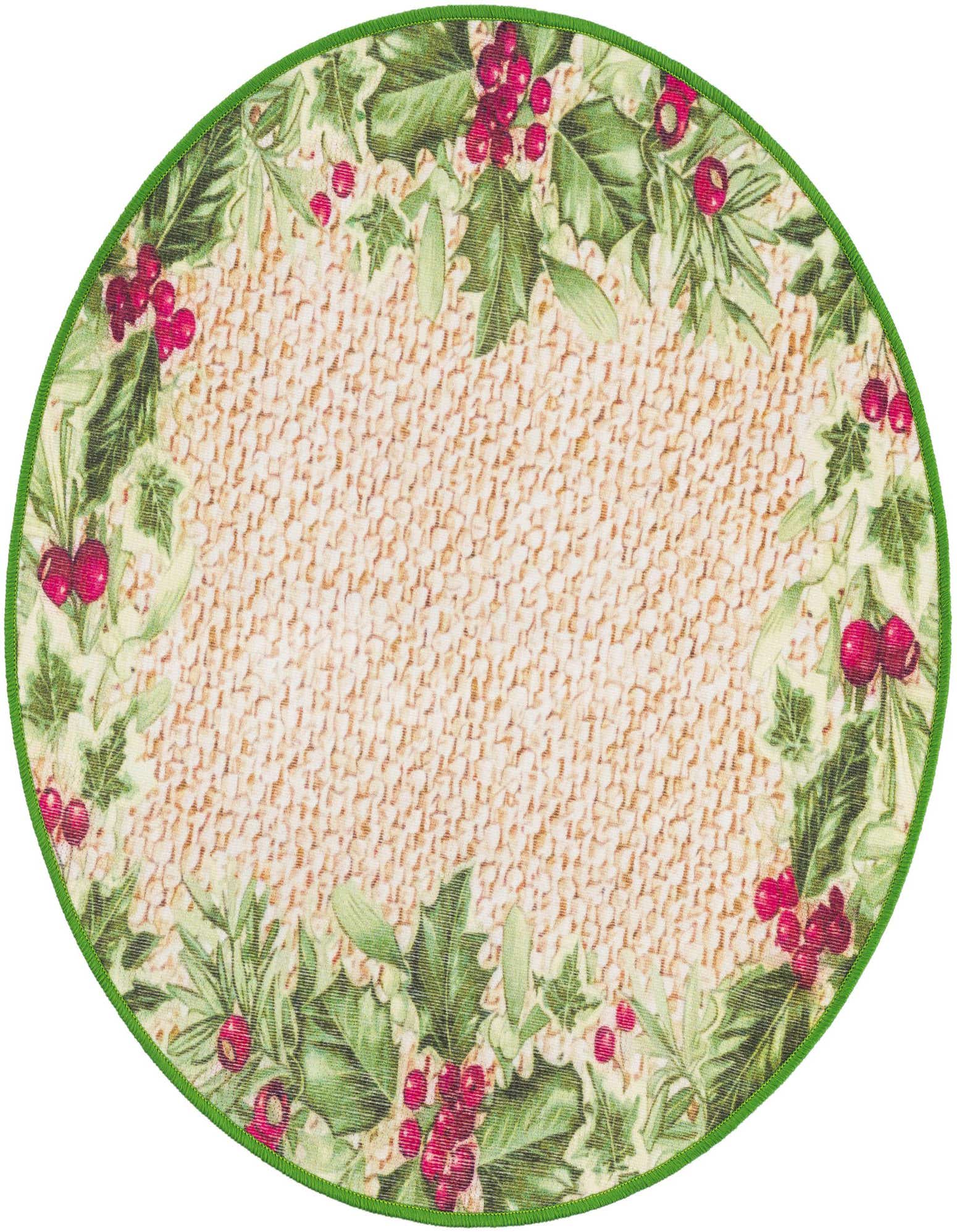 Round beige and green rug with a border of green holly leaves and red berries, suitable for a patio.