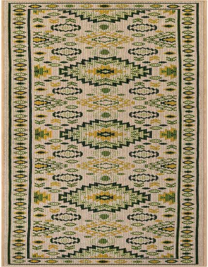 A 12 ft beige and green runner rug with a traditional geometric pattern, ideal for hallways or outdoor patios.