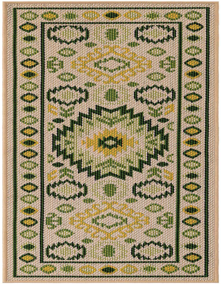 A 5 ft runner rug with a traditional beige and green geometric pattern, ideal for hallways or patios.