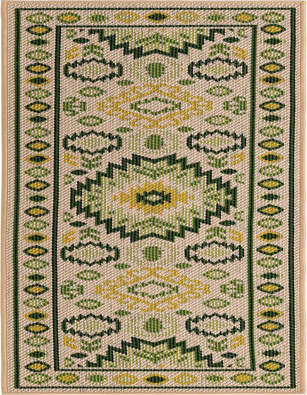 A 6 ft runner rug with a beige background featuring a traditional geometric pattern in shades of green and yellow, ideal for hallways or patios.