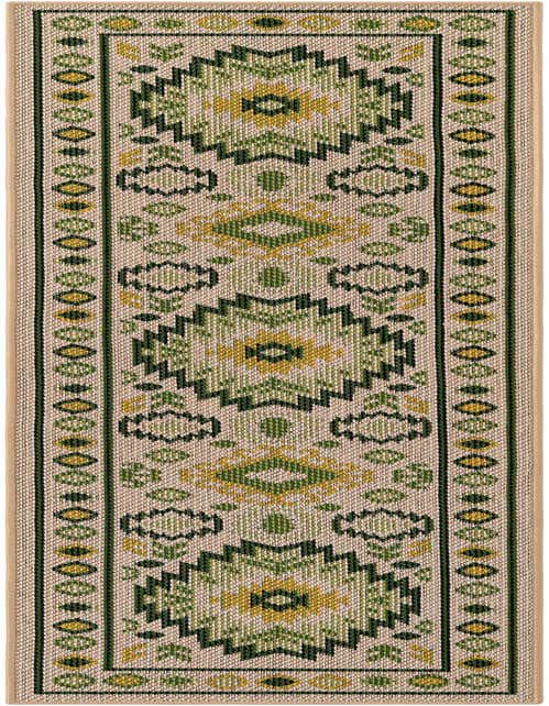 A beige and green 8 ft runner rug with a traditional geometric pattern, ideal for hallways or patios.