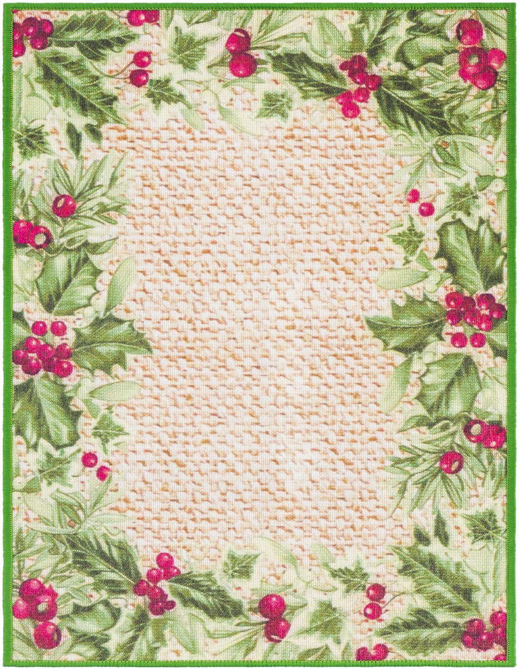 A 4 ft runner rug featuring a beige textured center bordered by green holly leaves and red berries, with a solid green edge.