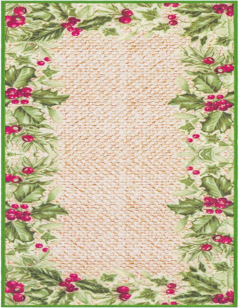 A 5 ft runner rug with a beige textured center and a border of green holly leaves and red berries.