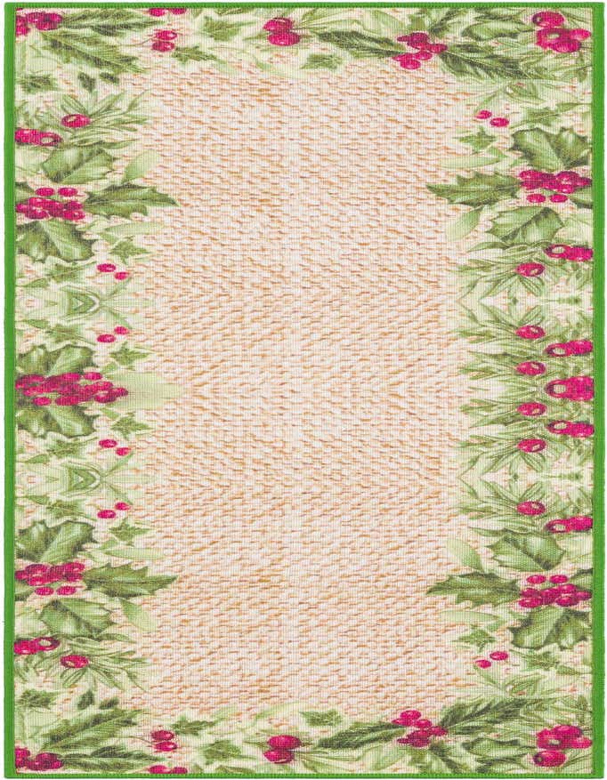 A 6 ft runner rug featuring a beige textured center bordered by green holly leaves and red berries, with a bright green edge.