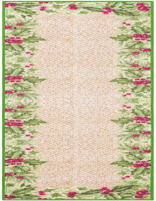 A beige and green 8 ft runner rug with a festive holly and berry border, suitable for a hallway or kitchen.