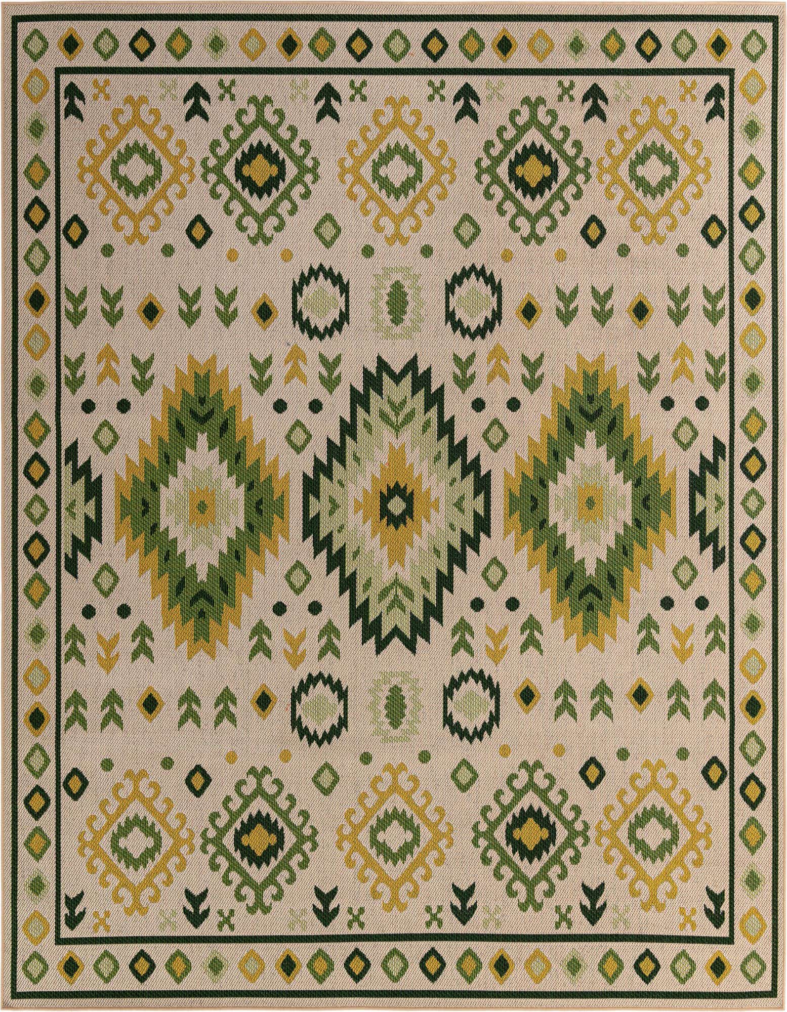 A 10'x10' square Baja Outdoor rug featuring a beige background with green and yellow traditional geometric patterns and a decorative border.