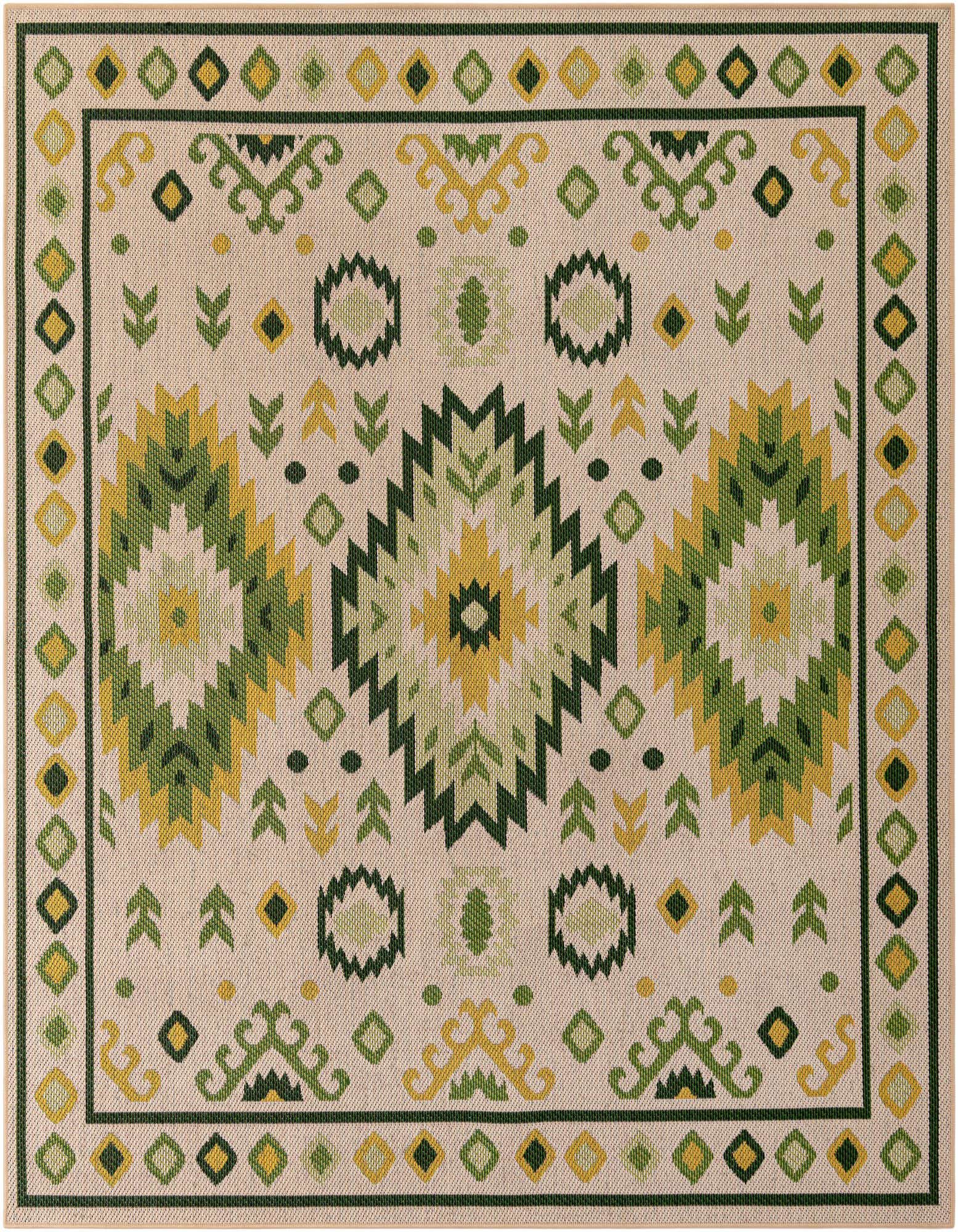A 7' 10 x 7' 10 square Baja Outdoor rug featuring a beige background with a green and yellow medallion and geometric pattern, ideal for a patio.