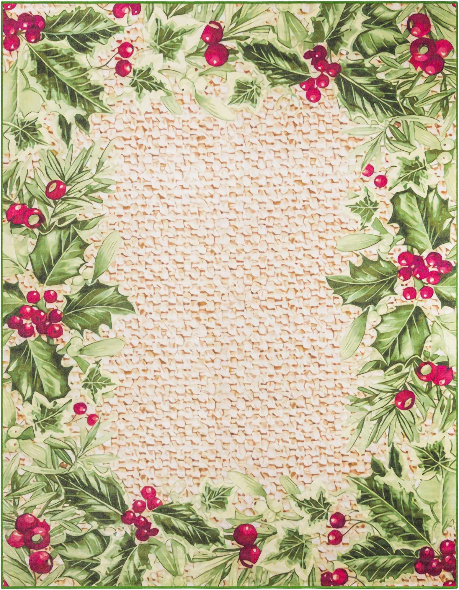 A square beige and green rug with a modern holly and berry border, suitable for indoor or outdoor use.