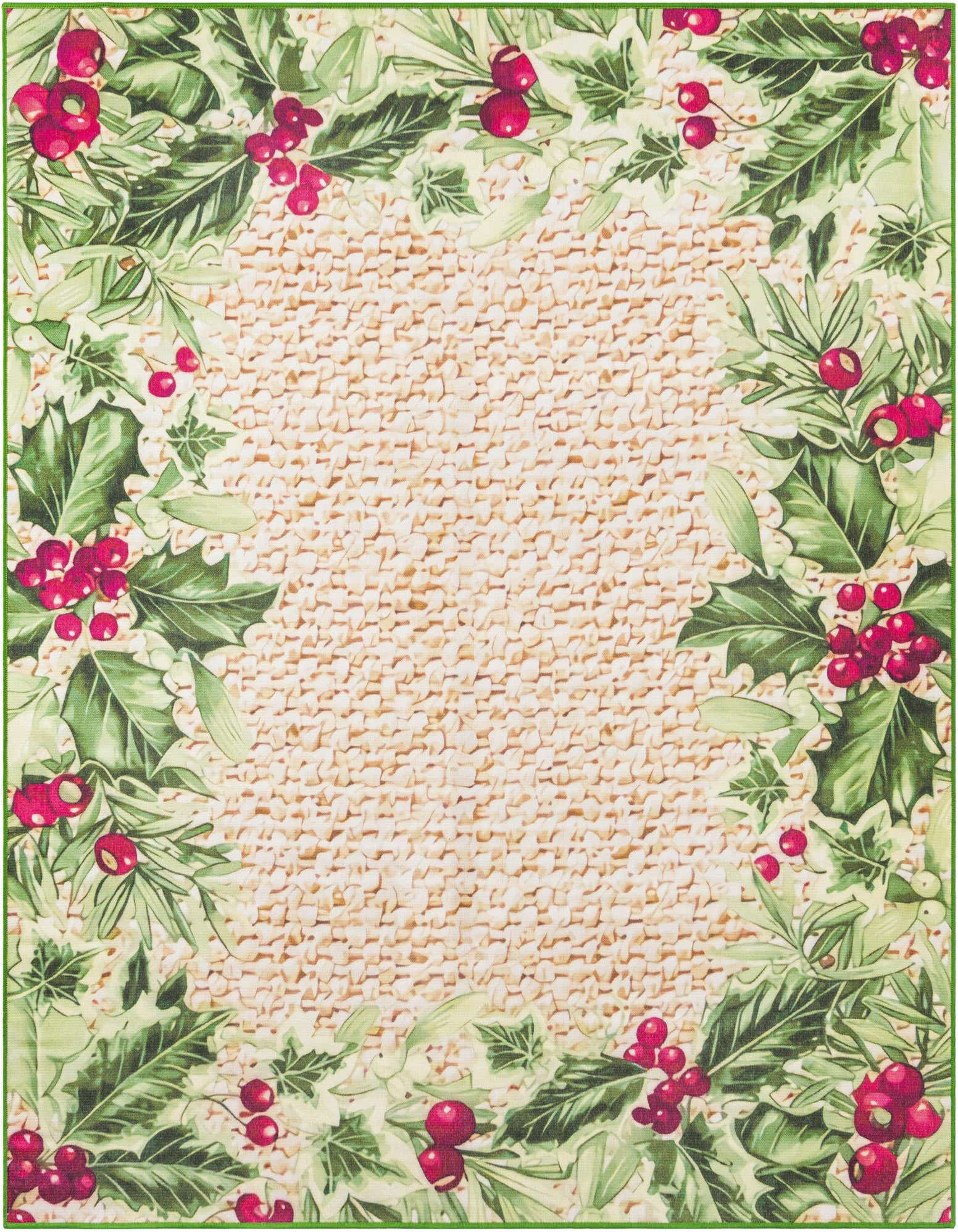 A square beige rug with a green border and a festive holly and berry pattern along the edges, suitable for indoor or outdoor use.