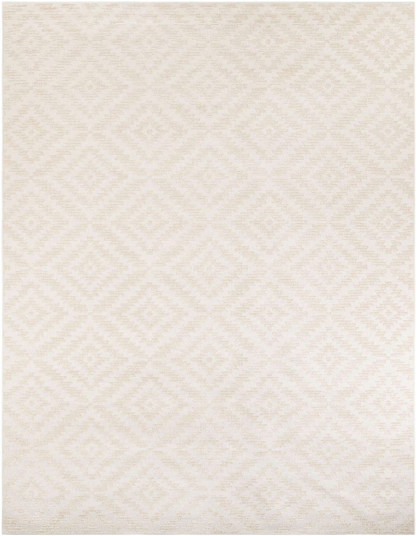 A 10x14 rectangular ivory and cream modern area rug with a subtle geometric diamond pattern, suitable for indoor or outdoor use.