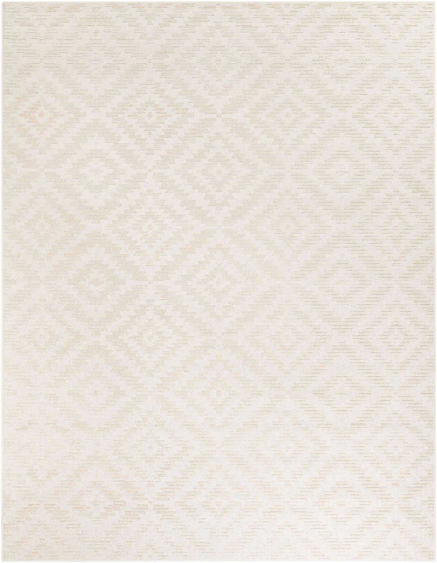 A 9x12 rectangular ivory and cream modern rug with a subtle geometric diamond pattern, suitable for indoor or outdoor spaces.