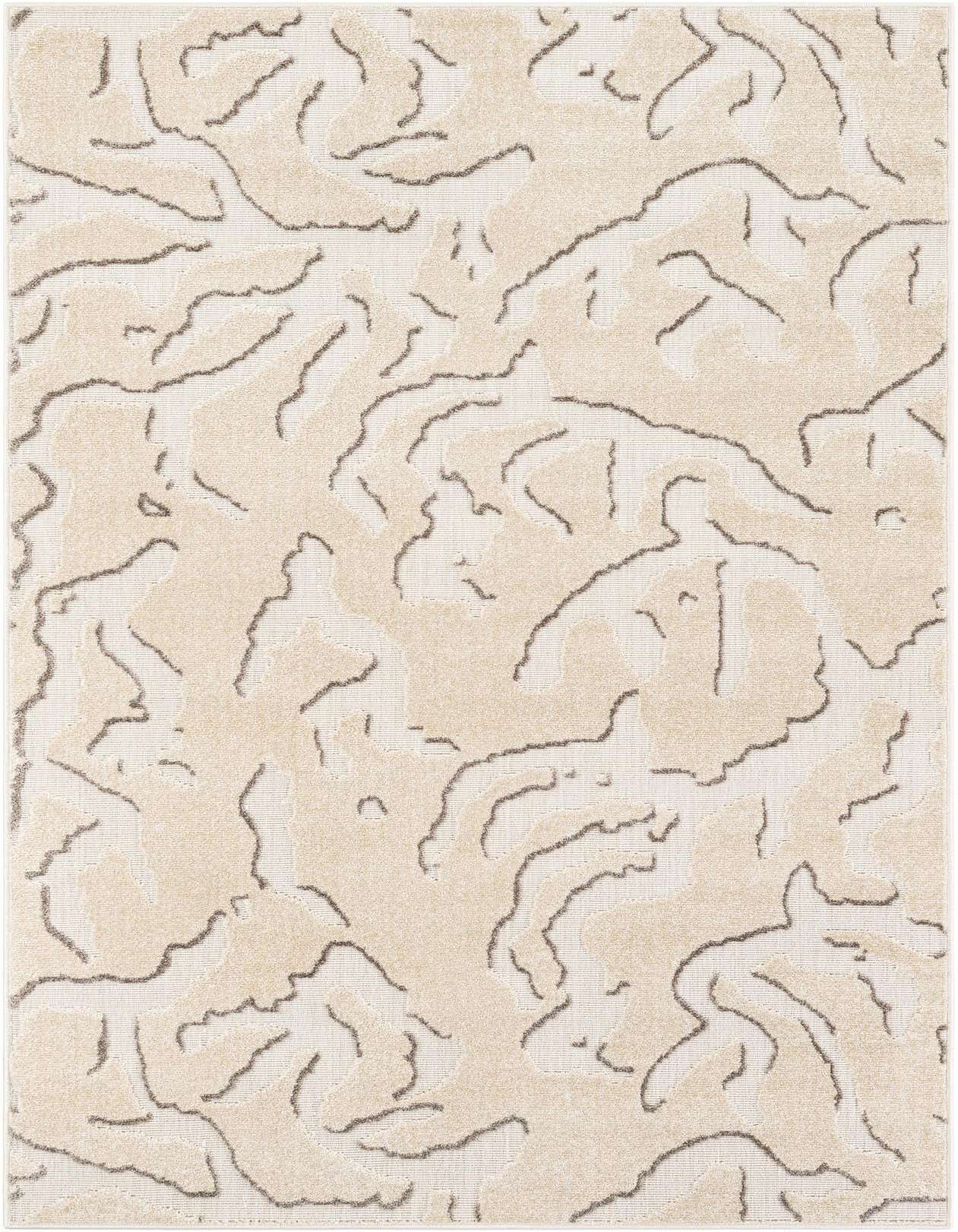 A 5x8 rectangular ivory and cream modern area rug with a textured abstract pattern, suitable for indoor or outdoor use.