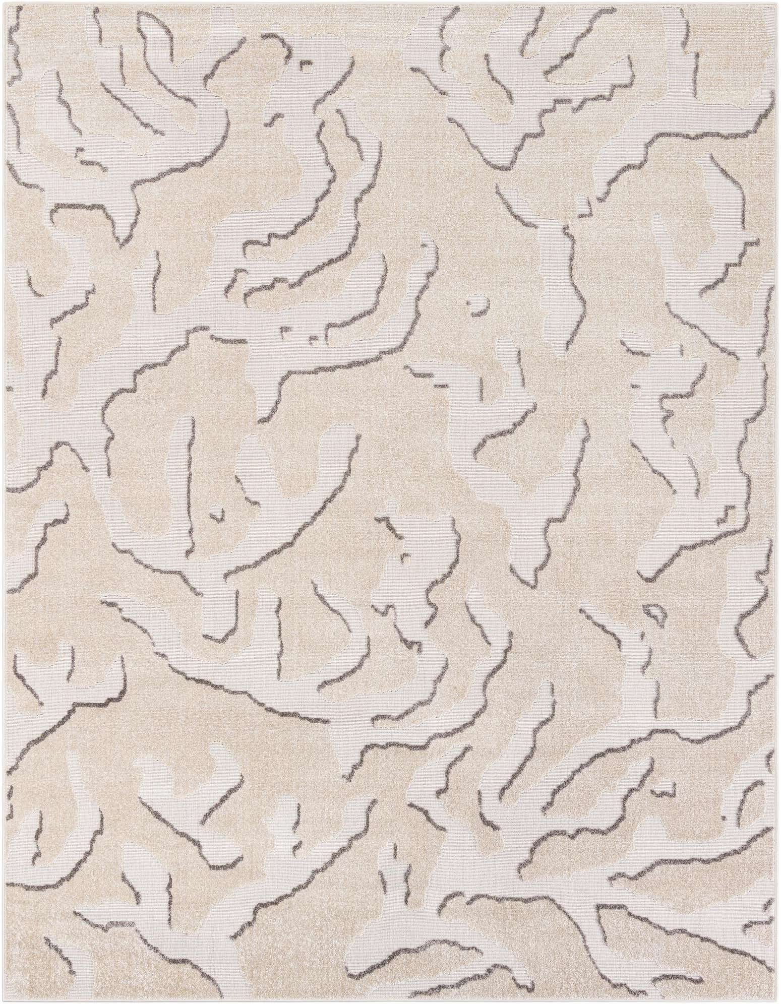 A 6x9 rectangular ivory and cream modern abstract rug with subtle grey lines, suitable for indoor or outdoor spaces.