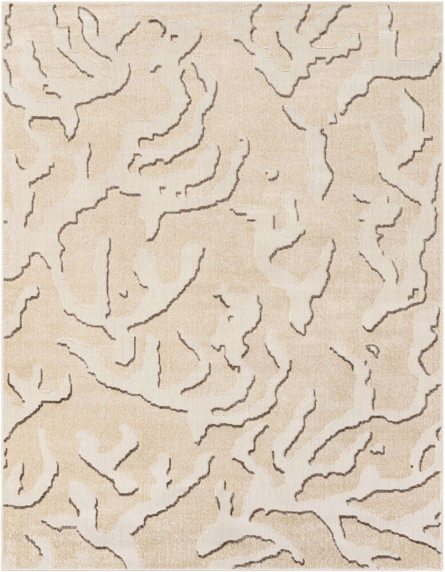 An 8x10 rectangular ivory and cream modern abstract rug with textured brown lines, suitable for indoor or outdoor use.