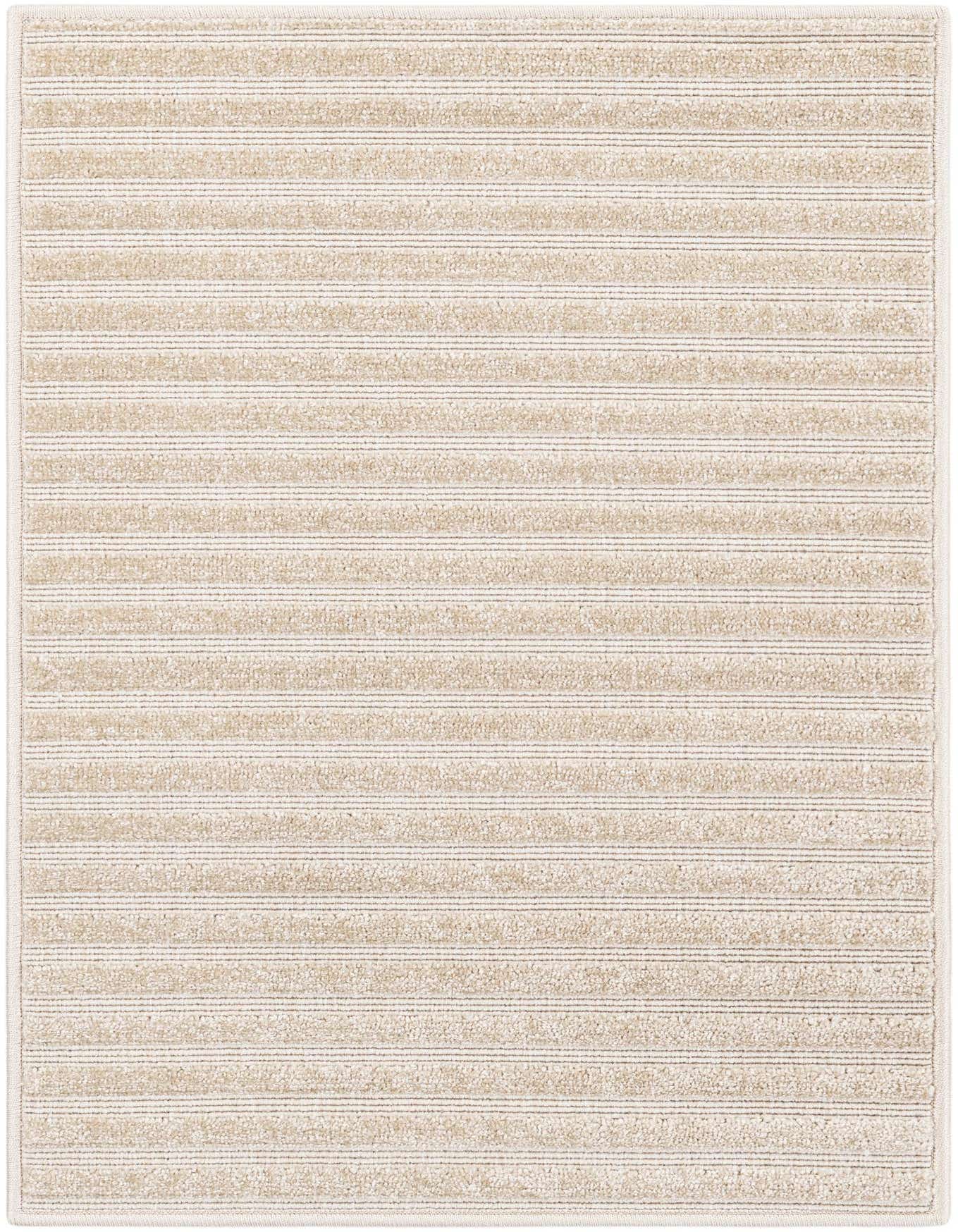 A 2x3 rectangular ivory and cream modern stripe rug with a textured, medium pile, suitable for indoor or outdoor use.