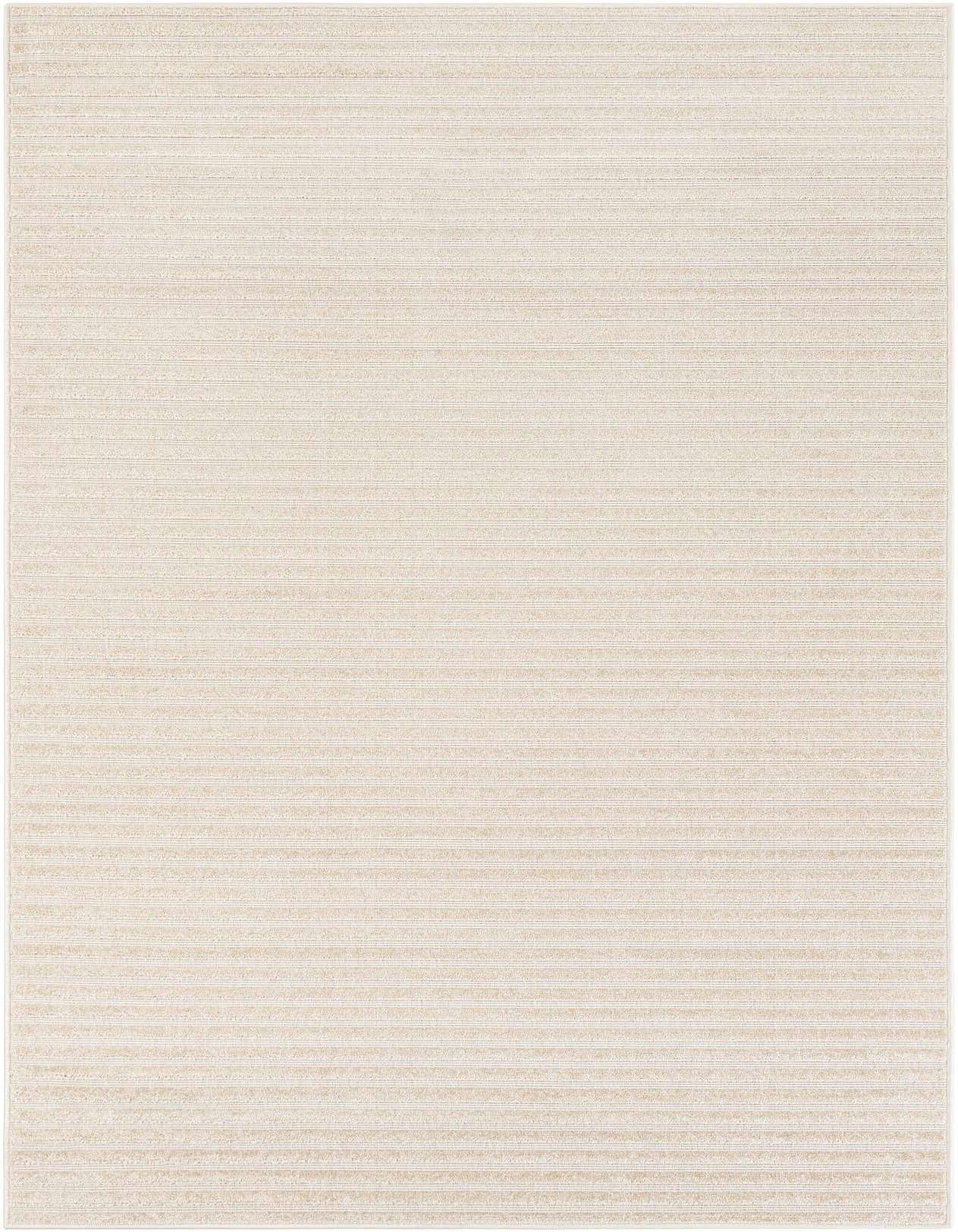 A 5x8 rectangular ivory and cream modern stripe rug with a textured medium pile, suitable for indoor or outdoor use.