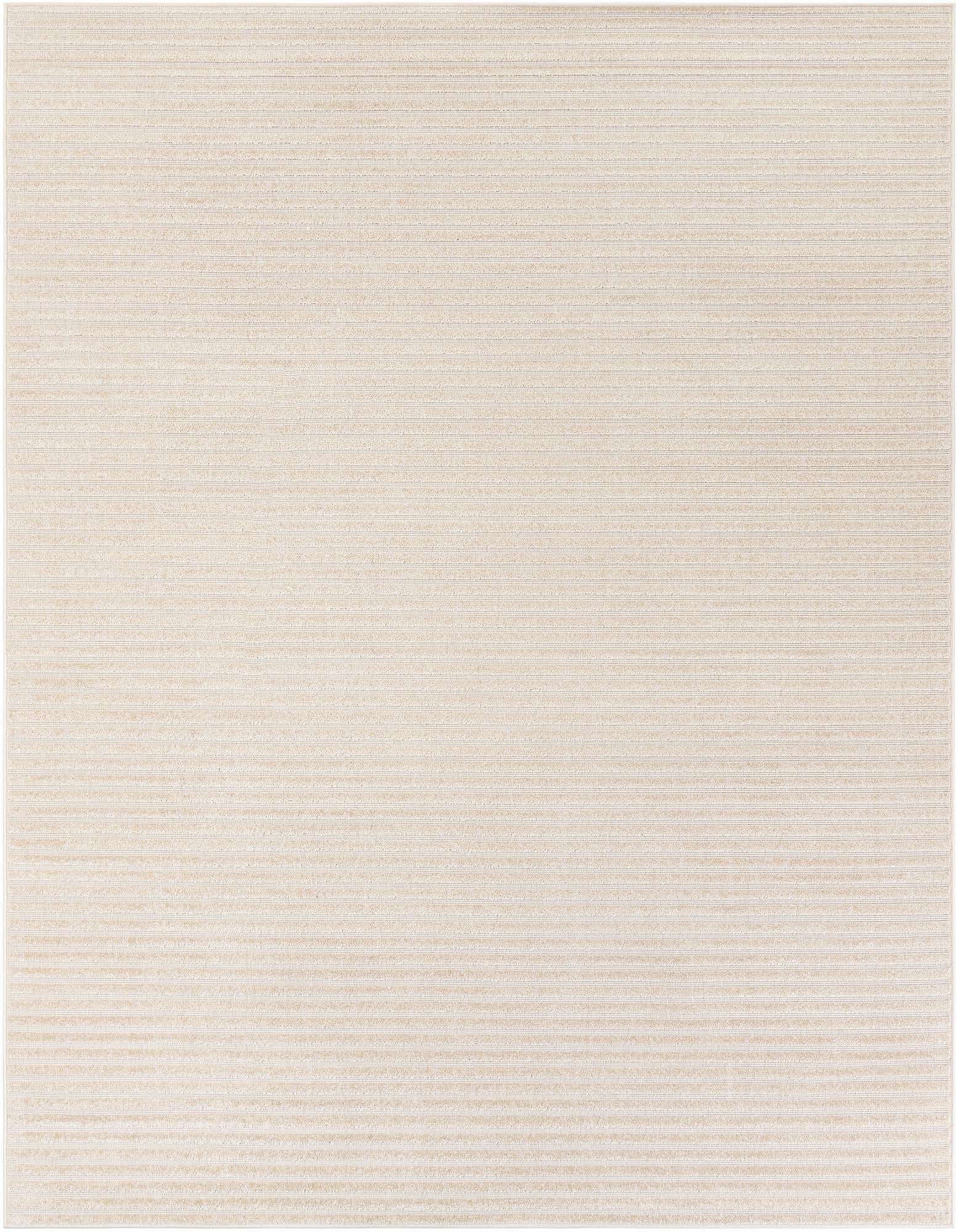 An 8x10 rectangular ivory and cream modern stripe rug, suitable for indoor or outdoor use.