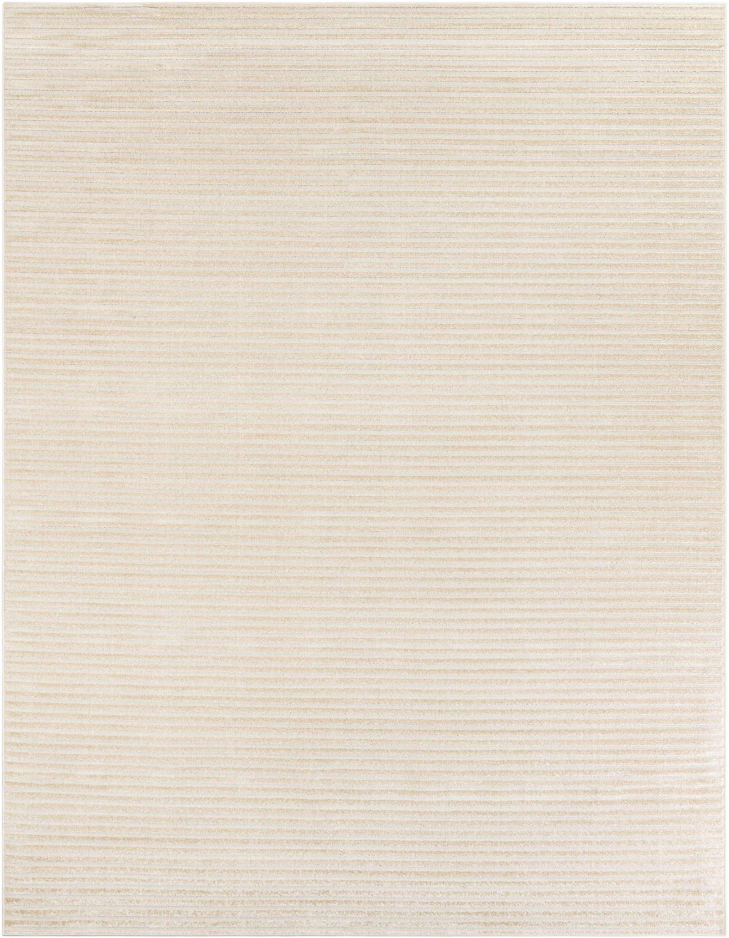 A 9x12 rectangular ivory and cream modern stripe rug with a textured pile, suitable for indoor or outdoor use.