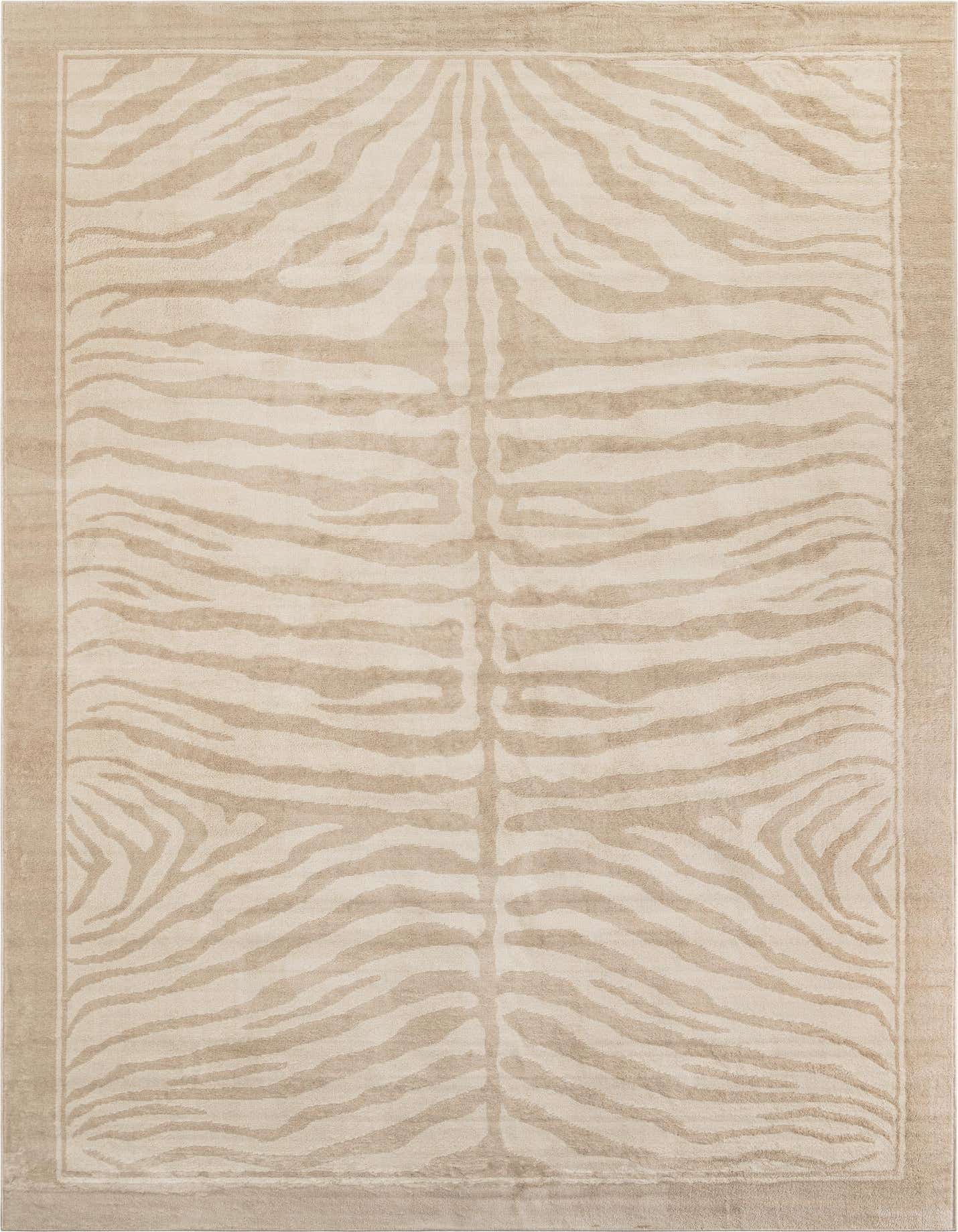 A 10x14 rectangular ivory and cream area rug with a subtle modern stripe pattern resembling zebra print, suitable for a living room.