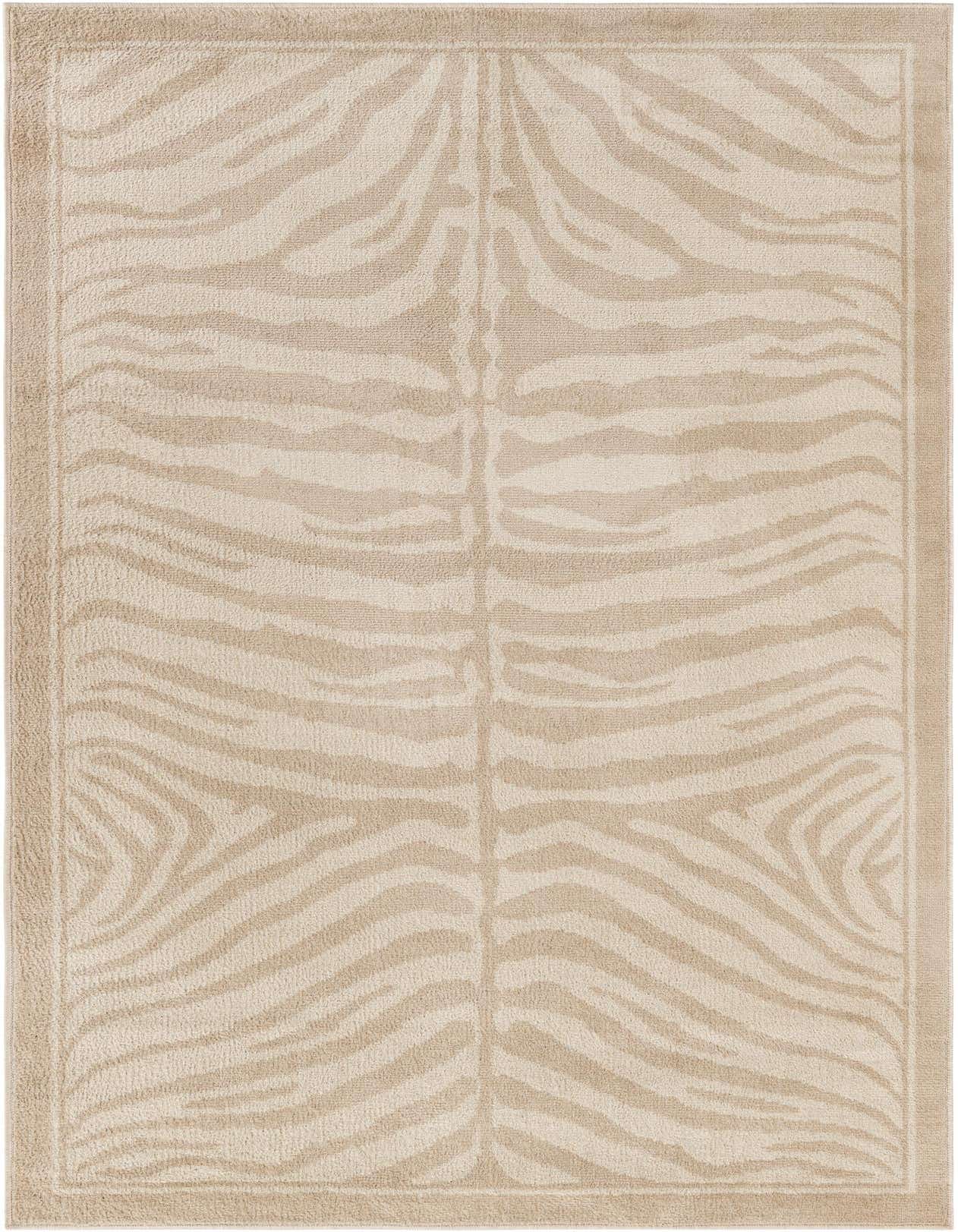 A 5x8 rectangular Savannah collection rug with a modern ivory and cream zebra stripe pattern, framed by a subtle border.