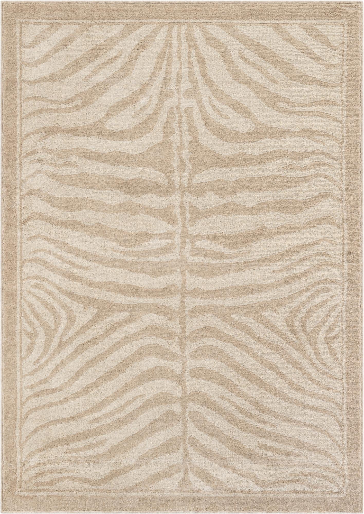 A 5x7 rectangular ivory and cream area rug featuring a modern zebra stripe pattern with a flat pile.