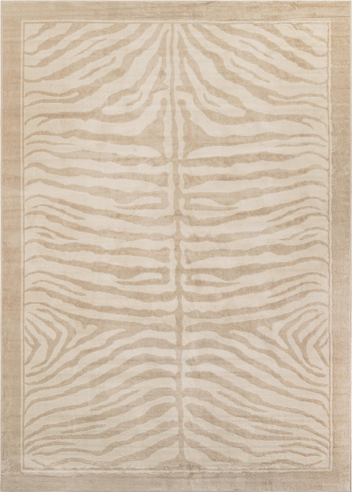 A 10x14 rectangular ivory and cream area rug with a subtle modern stripe pattern resembling zebra print, suitable for a living room.