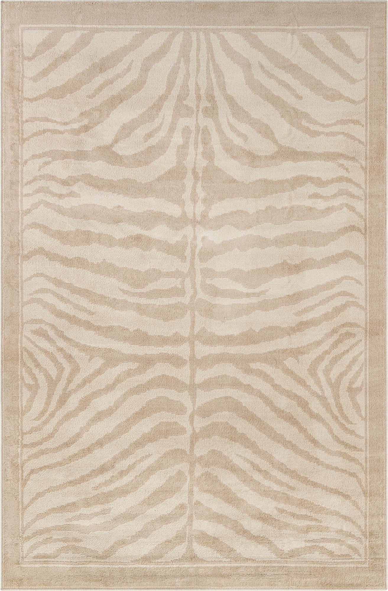 A 6x9 rectangular ivory and cream area rug with a subtle modern zebra stripe pattern and a bordered edge.
