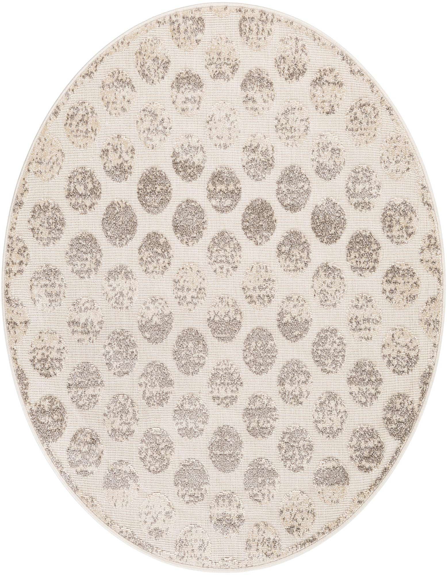 A 5' round ivory and cream rug with an abstract modern polka dot pattern, suitable for indoor or outdoor spaces.