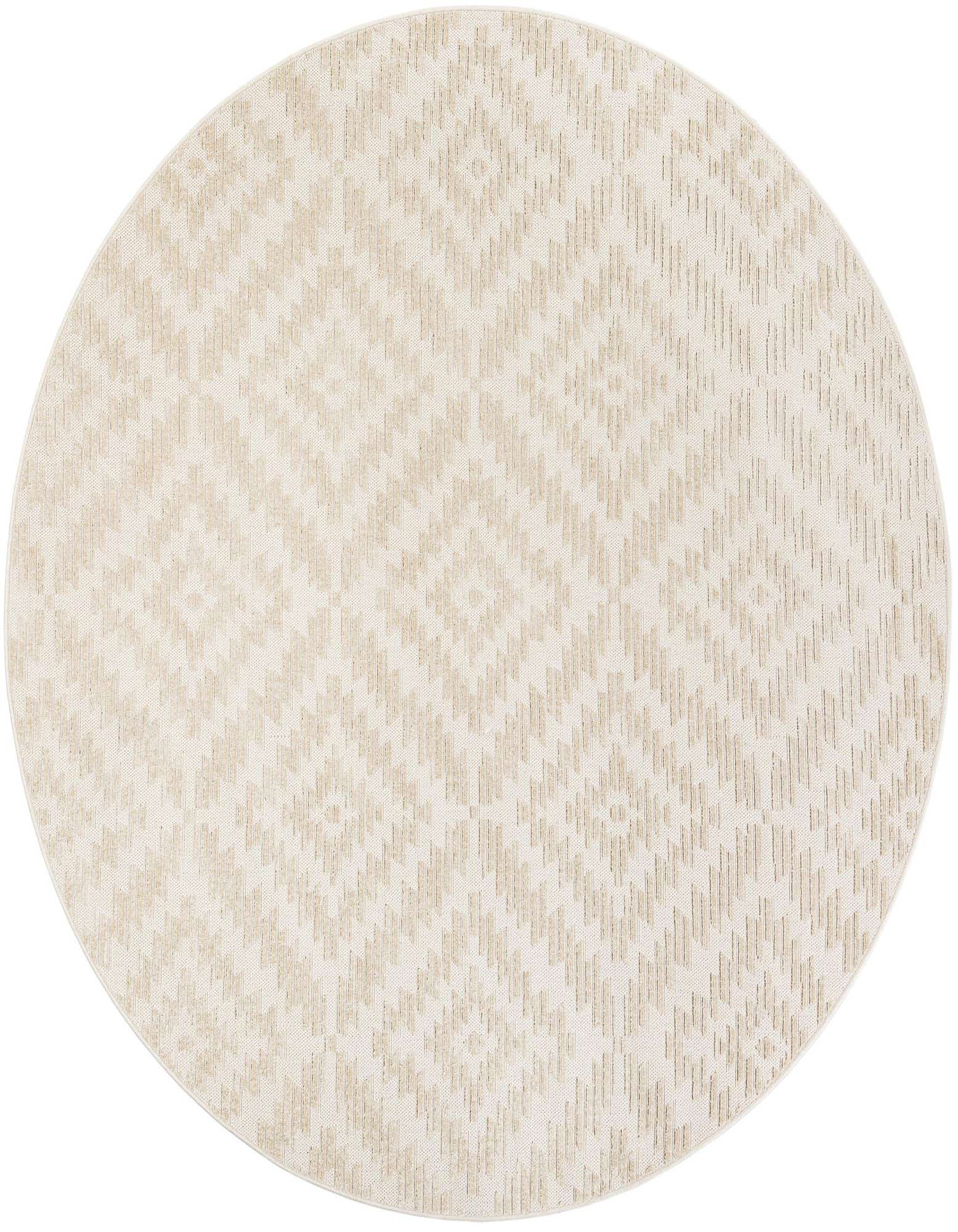 A round ivory and cream modern rug with a subtle geometric pattern, suitable for indoor or outdoor spaces.