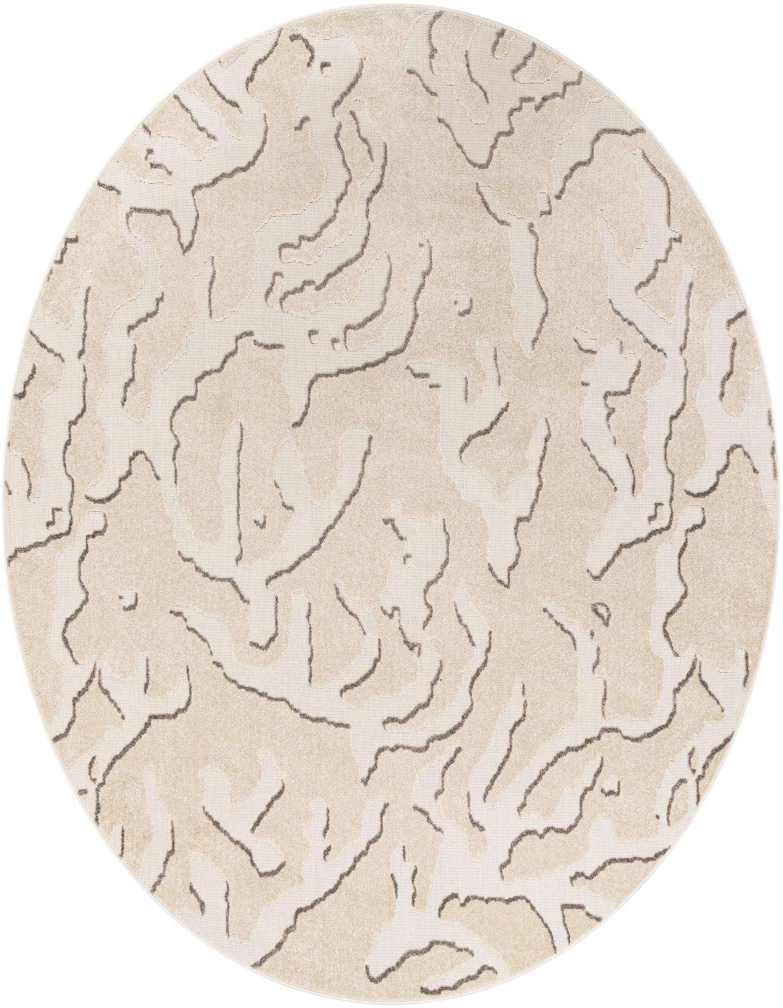 A 10' round ivory and cream modern abstract rug with subtle dark lines, suitable for indoor or outdoor use.