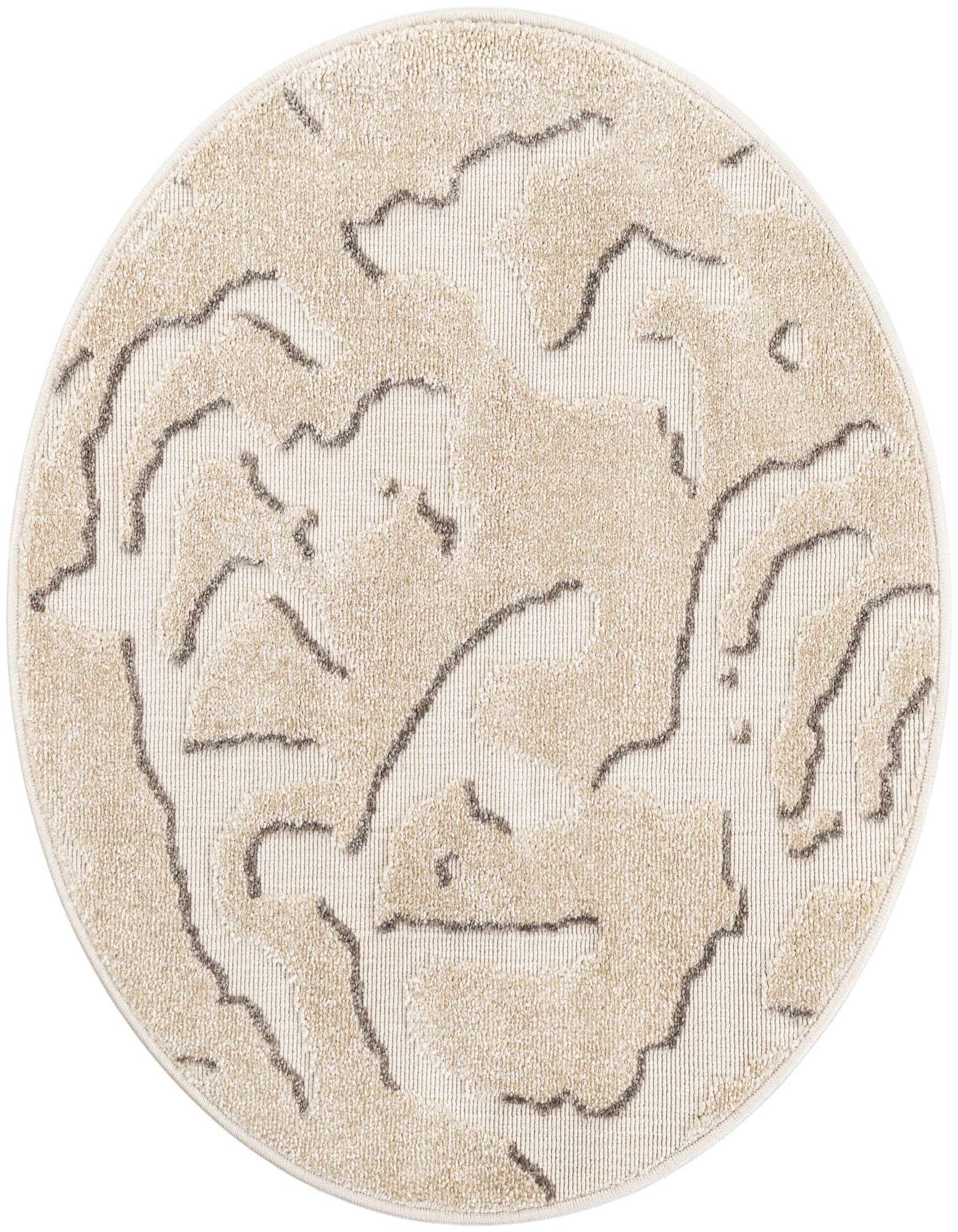 A 3' round ivory and cream modern abstract rug with a textured pile, suitable for indoor or outdoor use.