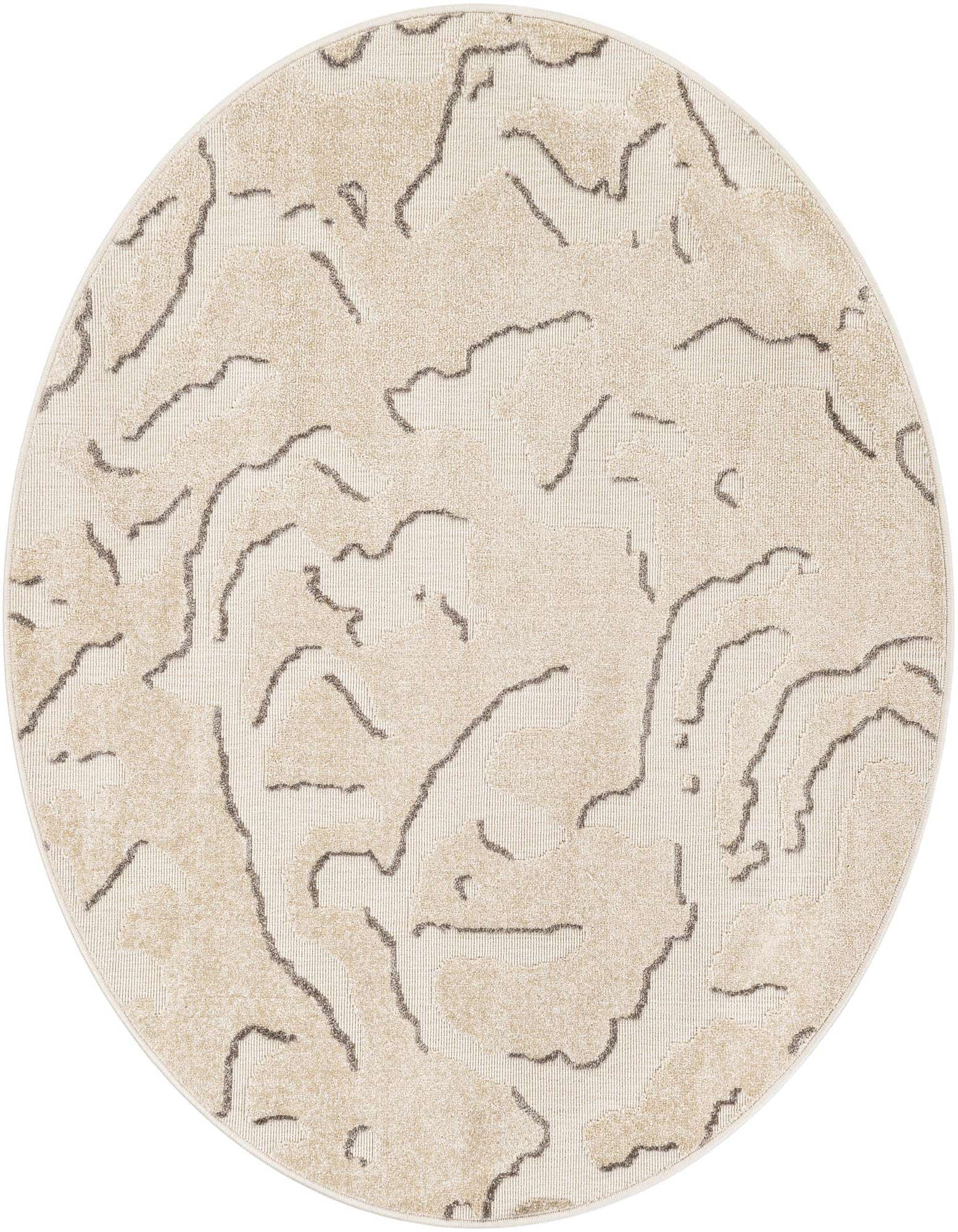 A 5' round ivory and cream modern abstract rug with subtle gray lines, suitable for indoor or outdoor use.