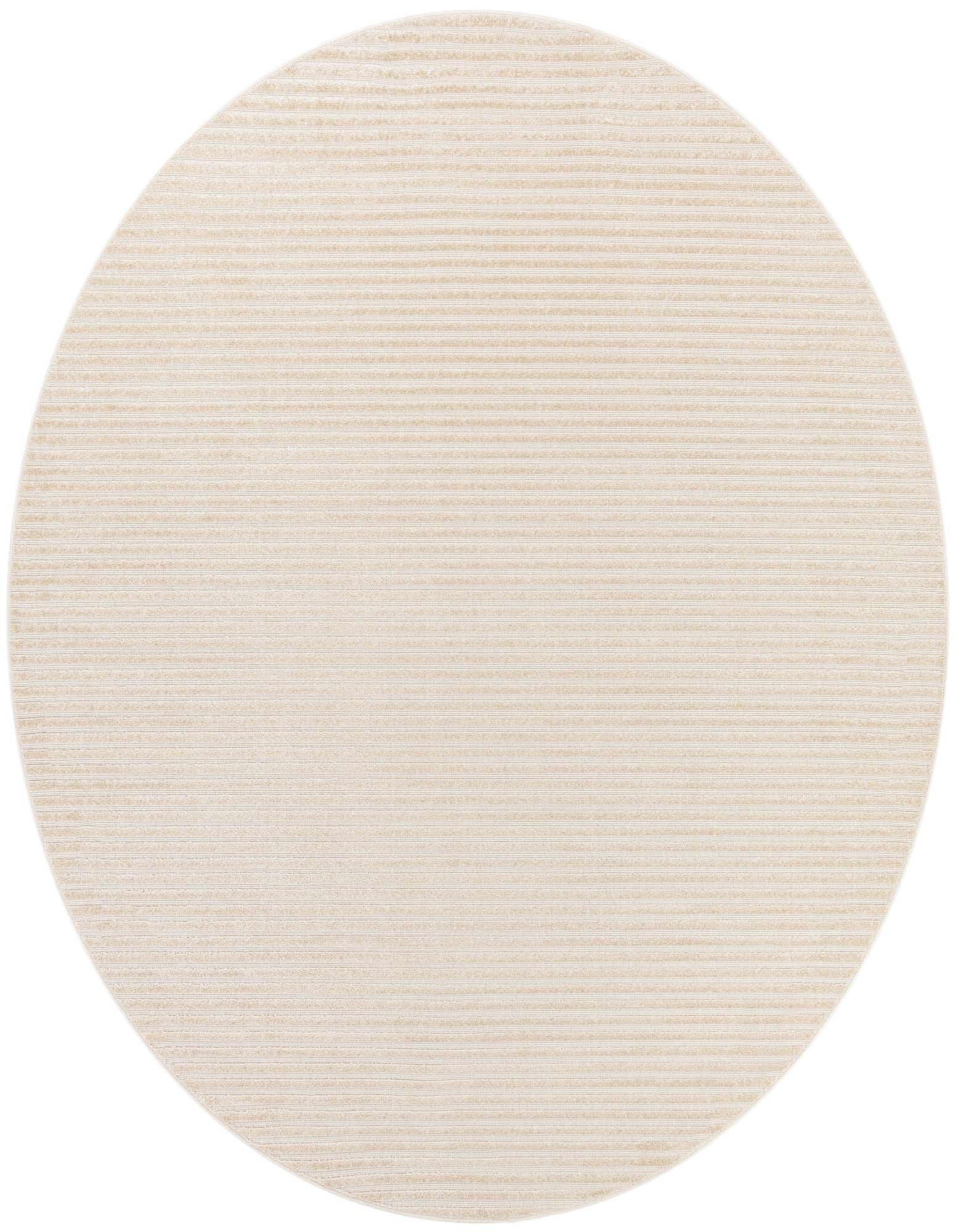 A 10-foot round ivory and cream modern striped rug, made of polypropylene, suitable for indoor or outdoor use.