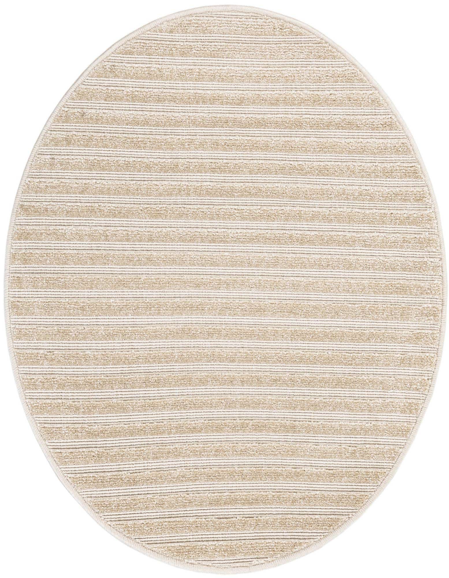 A 3' round ivory and cream modern striped rug, suitable for indoor or outdoor use, shown on a white background.