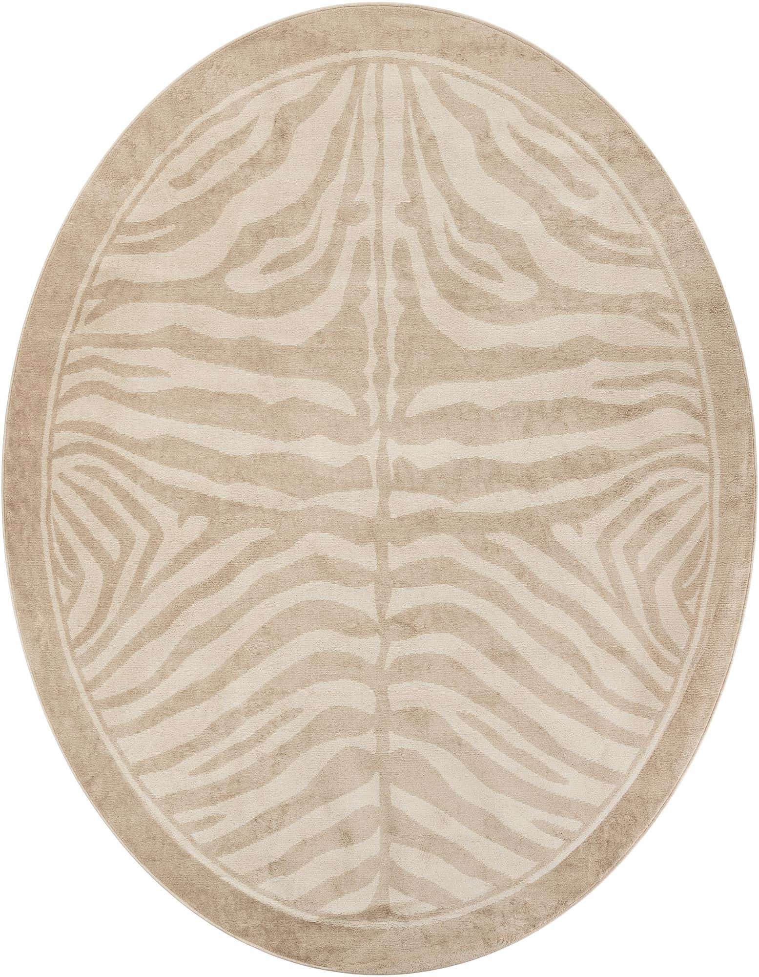 A 10-foot round ivory and cream rug featuring a modern zebra stripe pattern, perfect for a living room or bedroom.